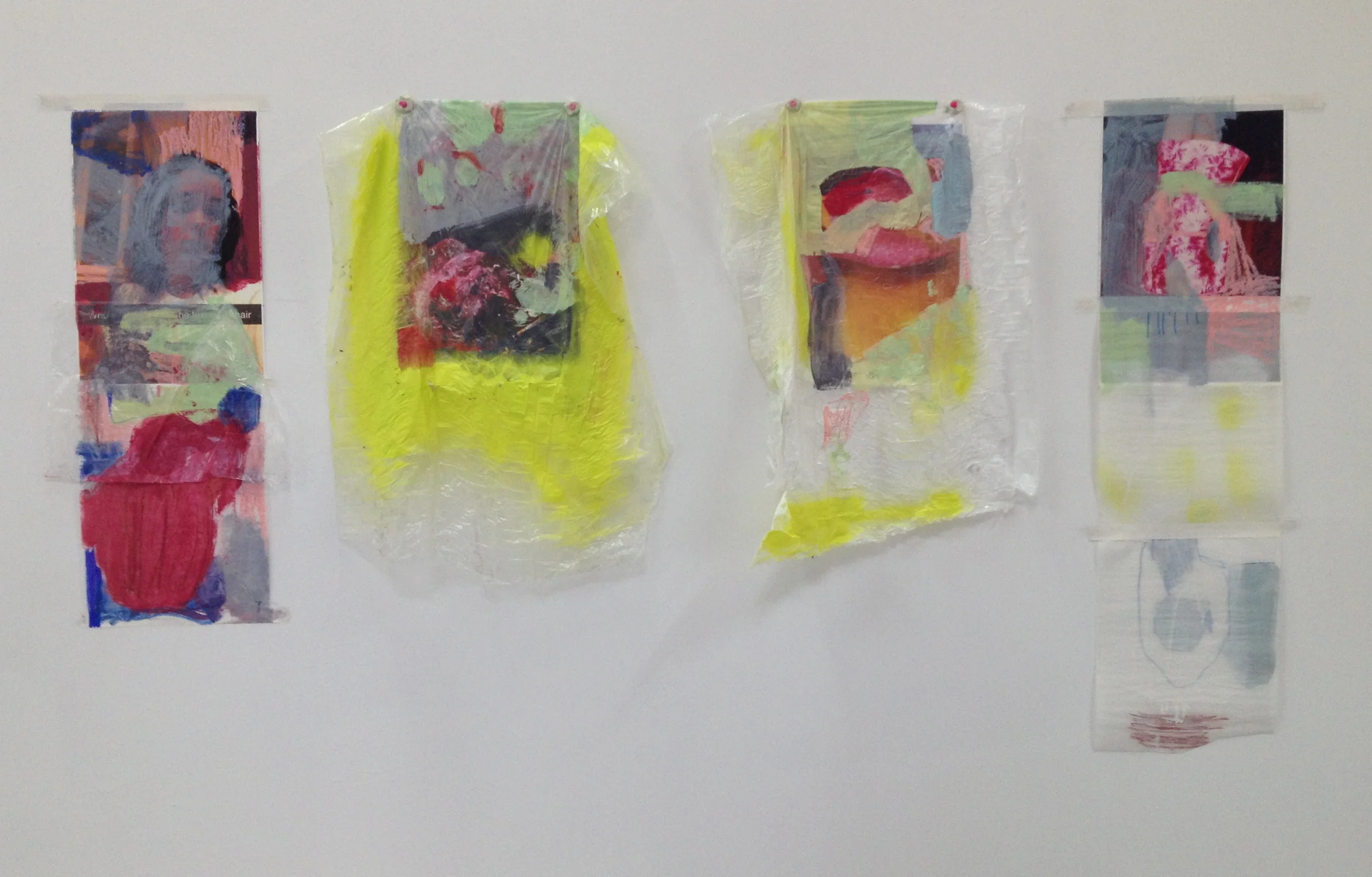   untitled , 2014, oil, oil pastel, spray paint, tape, tracing paper, saran wrap, inkjet prints, clay, thumbtacks, 22 x 8.5 inches 