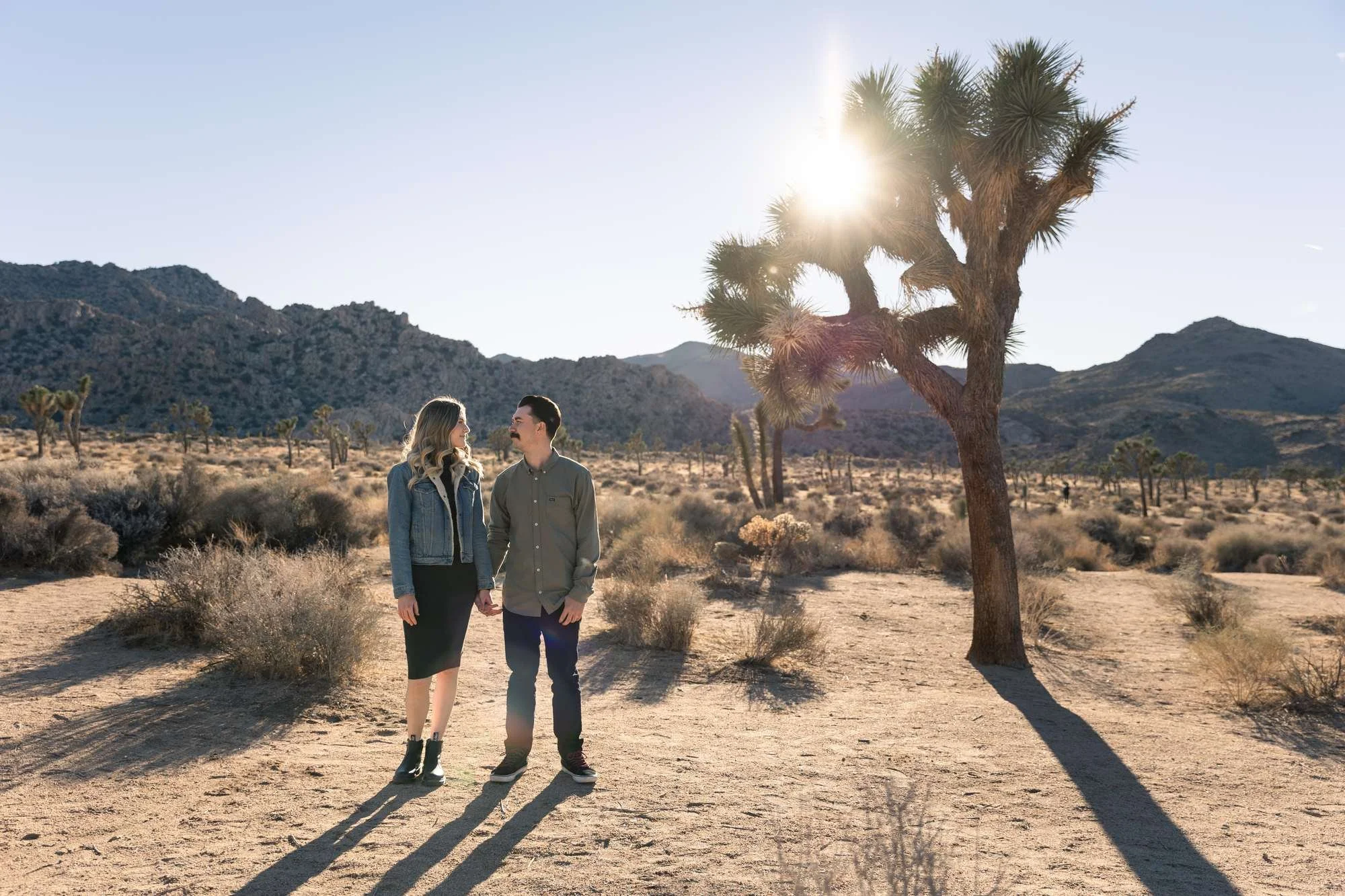 Couple standing together in Joshua Tree desert at sunset with a dramatic sunflare bursting through a tall Joshua tree beside them