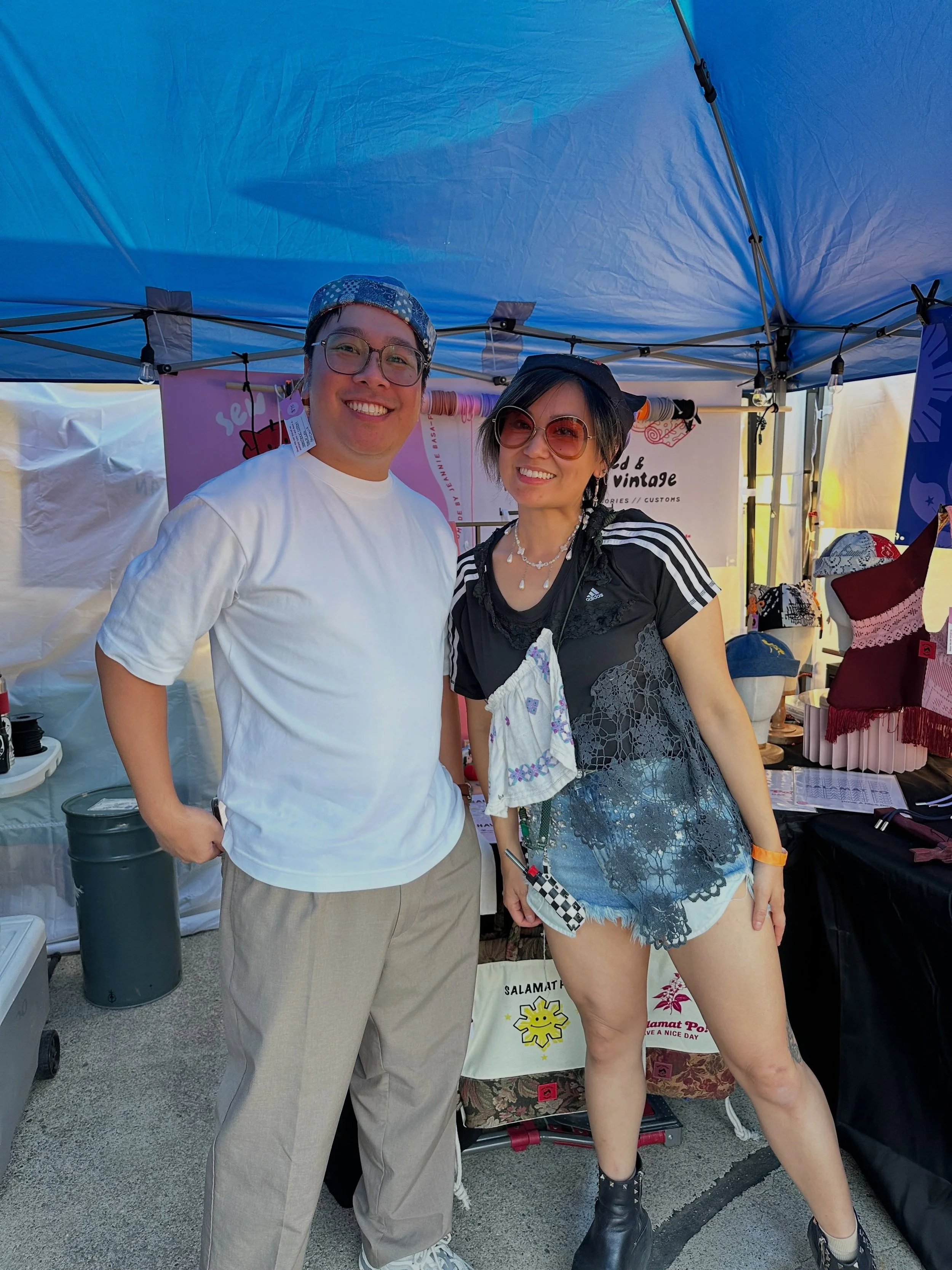 Homie appreciation post! Pictured here with @sewkwirky.studios is our friend, Merrick (@panlaqui)! He stopped by yesterday and bought one of Jeannie&rsquo;s @filipinoislandfestalameda docker caps 🥹 I first met Merrick through my brother, Eli, someth