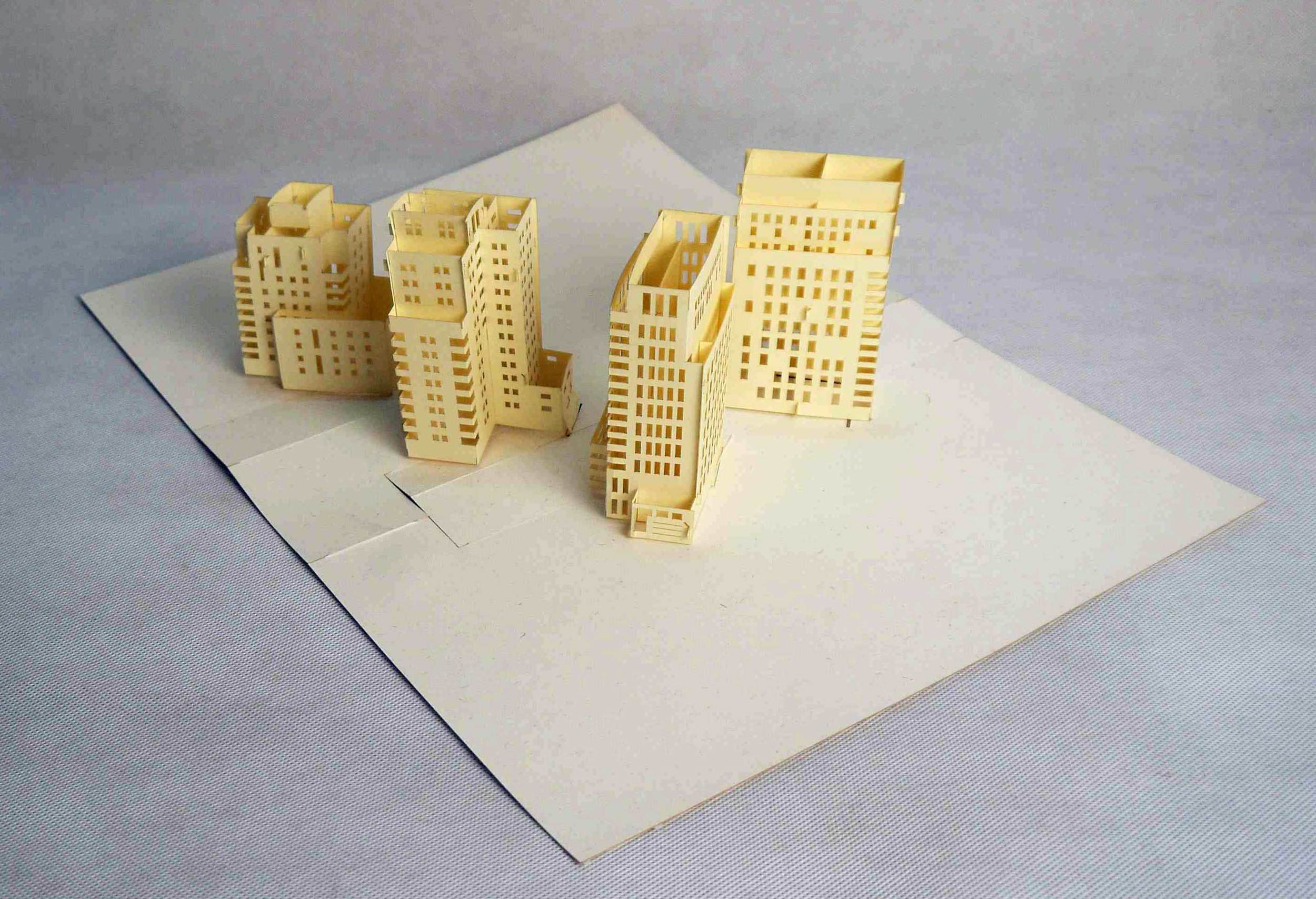A sample of four buildings on one 3D pop-up card