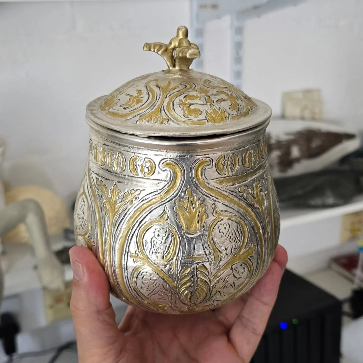 Our latest replica, the unwrapped Galloway Hoard Vessel, as it might have looked 1,200 years ago.  A  combined CT &amp;  photogrammetry model, 3D printed, then electro encapsulated in silver, with hand painted gold &amp; niello decorations. The decor