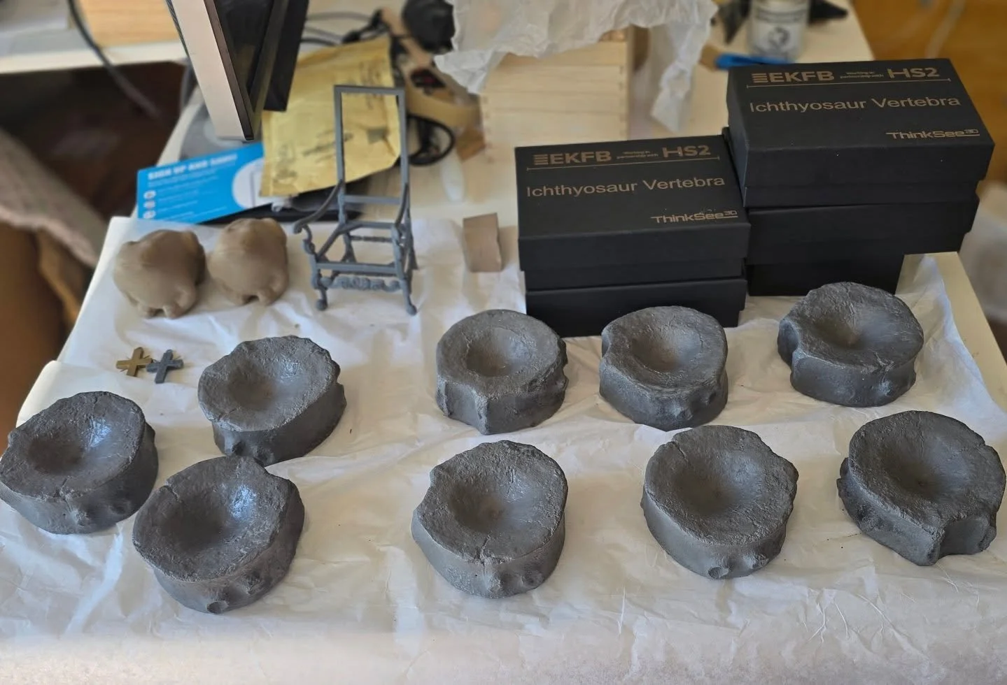 ThinkSee3D's latest: 9 HS2 Ichthyosaur vertebra replicas (with a laser etched presentation box and a description insert) for HS2 partner EKFB. Made from a scan of an original. The ichthyosaur itself was discovered in a HS2 cutting near Waddesdon. TS3