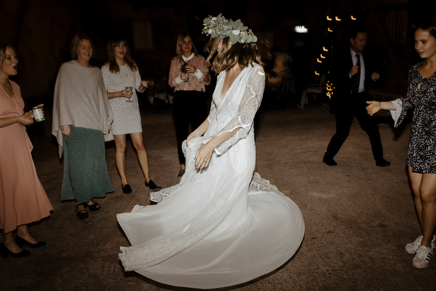Bohemian bride in lace dress and flowercrown