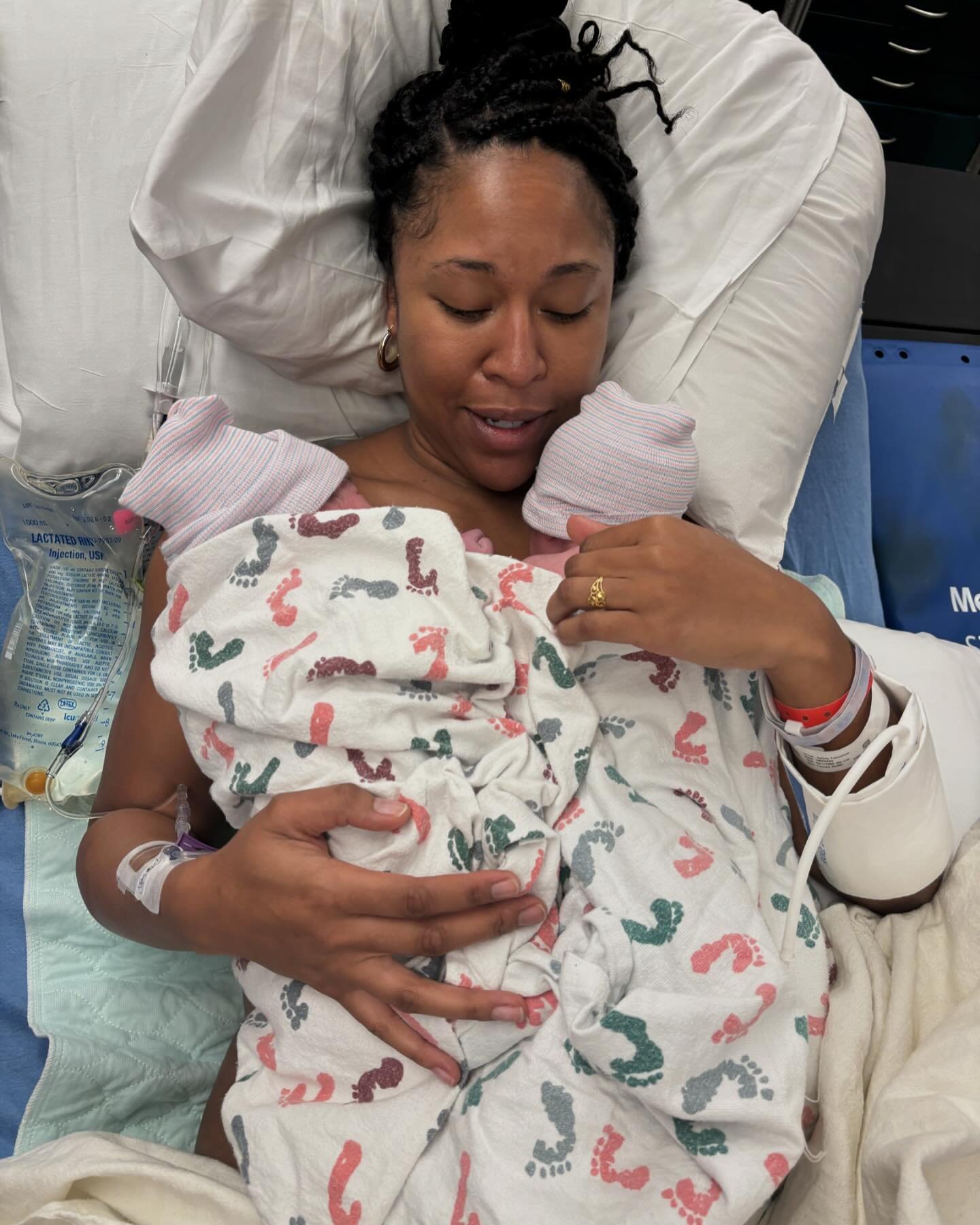 The twins are here! 💖 Elyse &amp; Estelle born 15 minutes apart. 

Baby A (Elyse) 7lbs 5 oz
Baby B (Estelle 6lbs 13oz

I got induced at 38 weeks + 3 days! Delivered both vaginally, no nicu, no complications and no tears. Baby B flipped head down onc