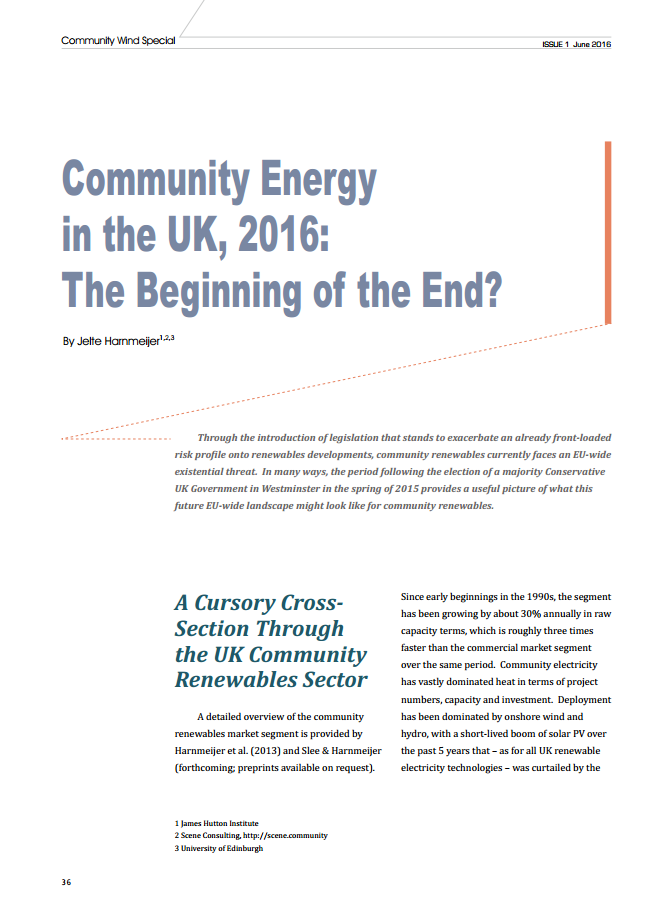 Community Energy in the UK, 2016: The Beginning of the End?