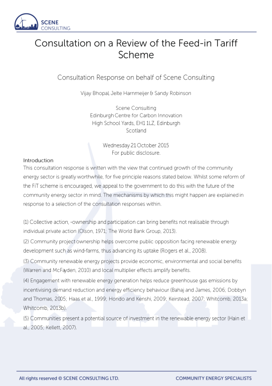 Consultation on a Review of the Feed-in Tariff Scheme: Consultation Response on behalf of Scene Consulting