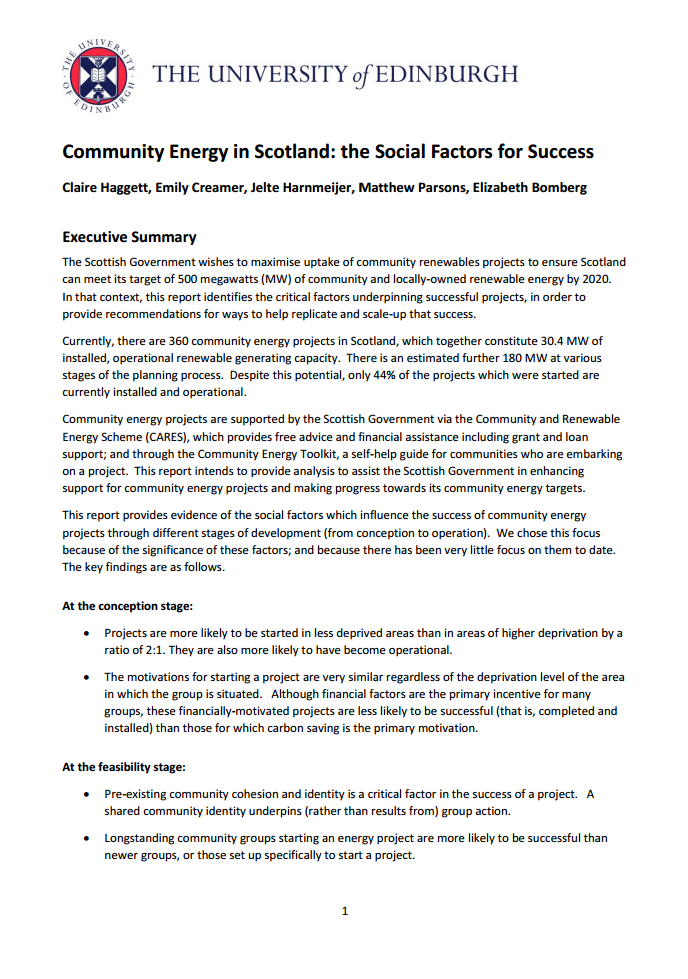 Community Energy in Scotland: the Social Factors for Success