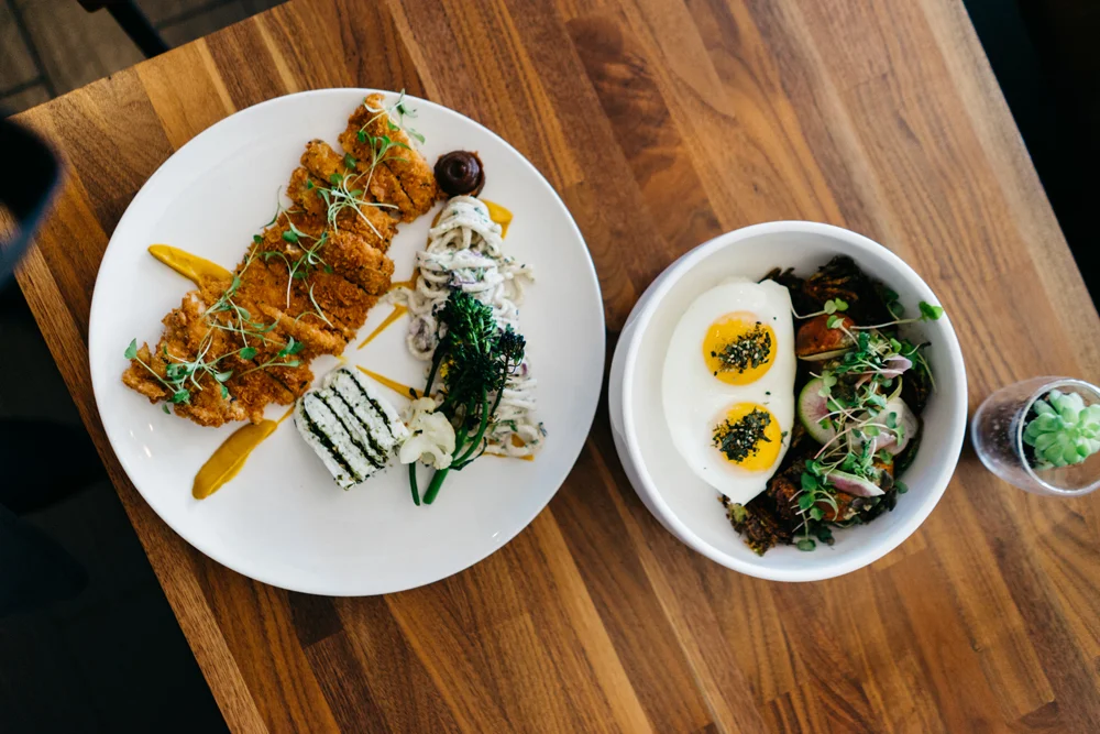 left: Chicken Katsu served w/folded omelette (I requested egg whites), udon noodles that had their take on mac salad right: Portuguese Sausage Hash served with brussel sprouts and short grain rice