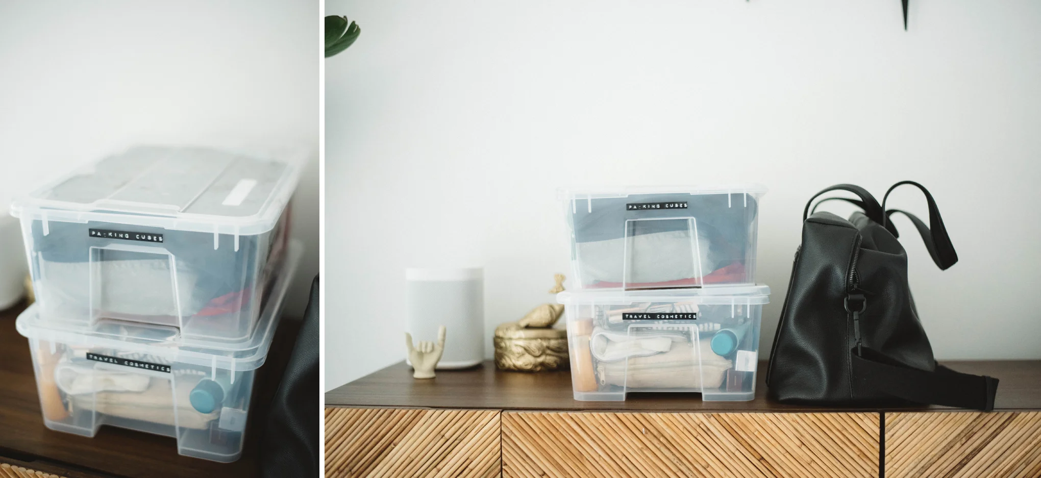 LIFE HACK: Store all travel essentials in a labeled clear container so its easy to find and access.