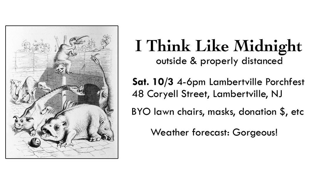 Actual live music you can enjoy safely in person in beautiful weather this Saturday afternoon in Lambertville, NJ! 
.
.
.
#ithinklikemidnight #lambertvillenj #lambertvilleporchfest #njlivemusic #phillylivemusic #instrumentalmusic #instrumentalrock