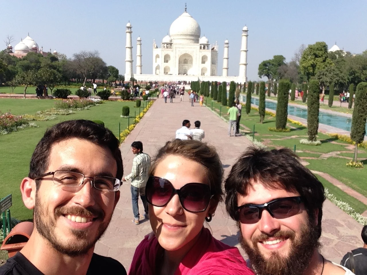 Group shot at the Taj Mahal with Chan Tal and Kevin.
