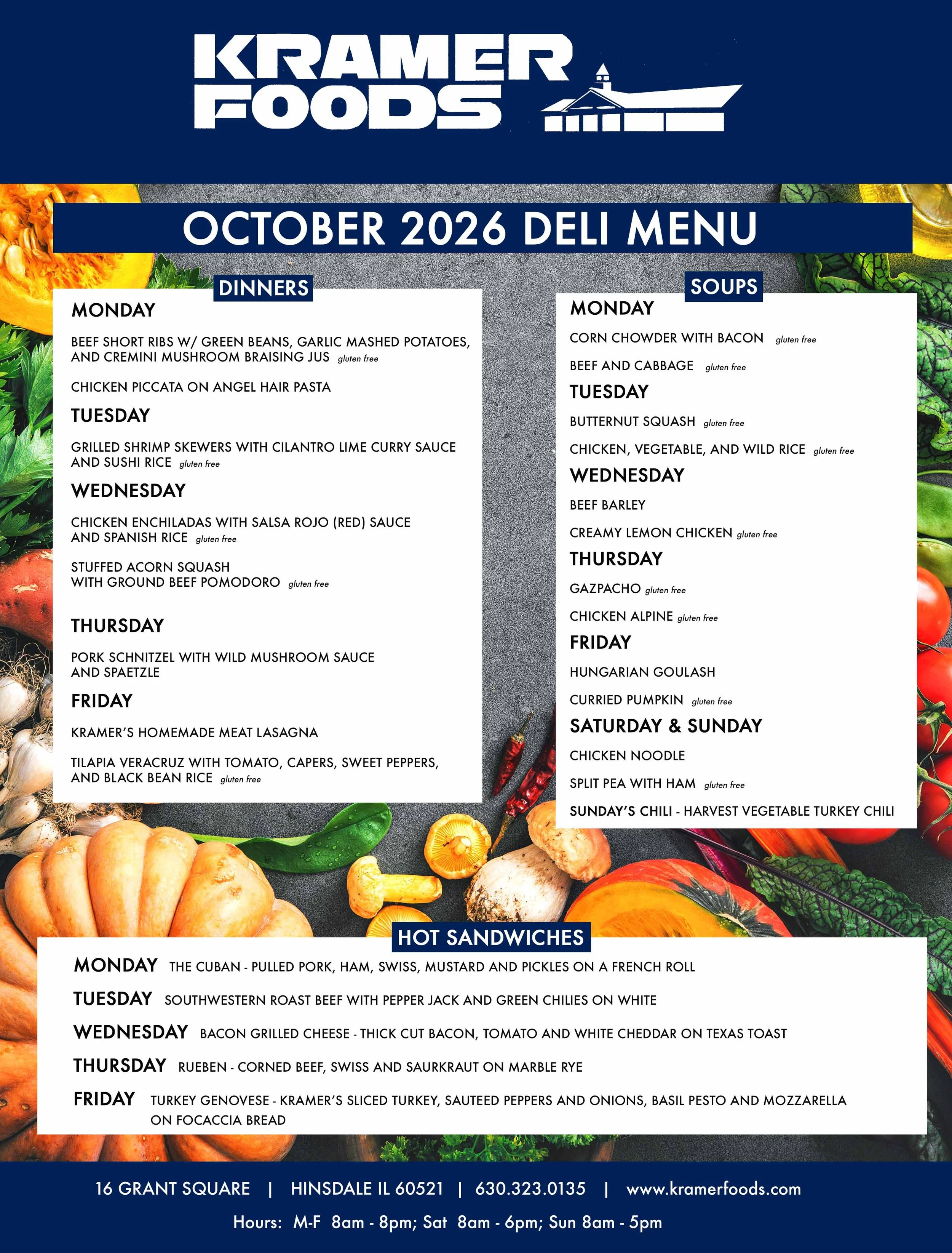 image of October deli menu, call us at 630-323-0135 with any questions