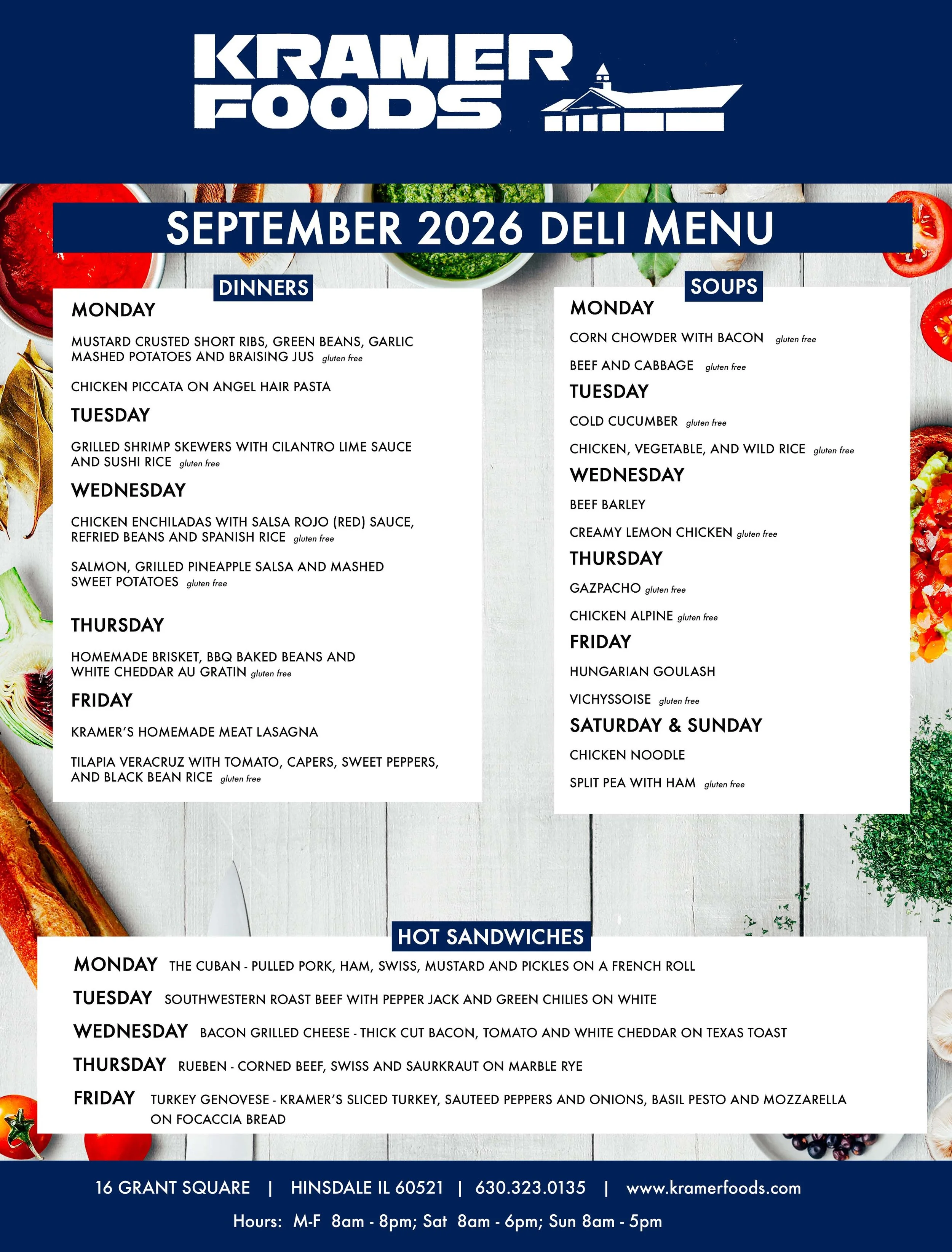 image of our September deli menu, call us at 630-323-0135 with any questions