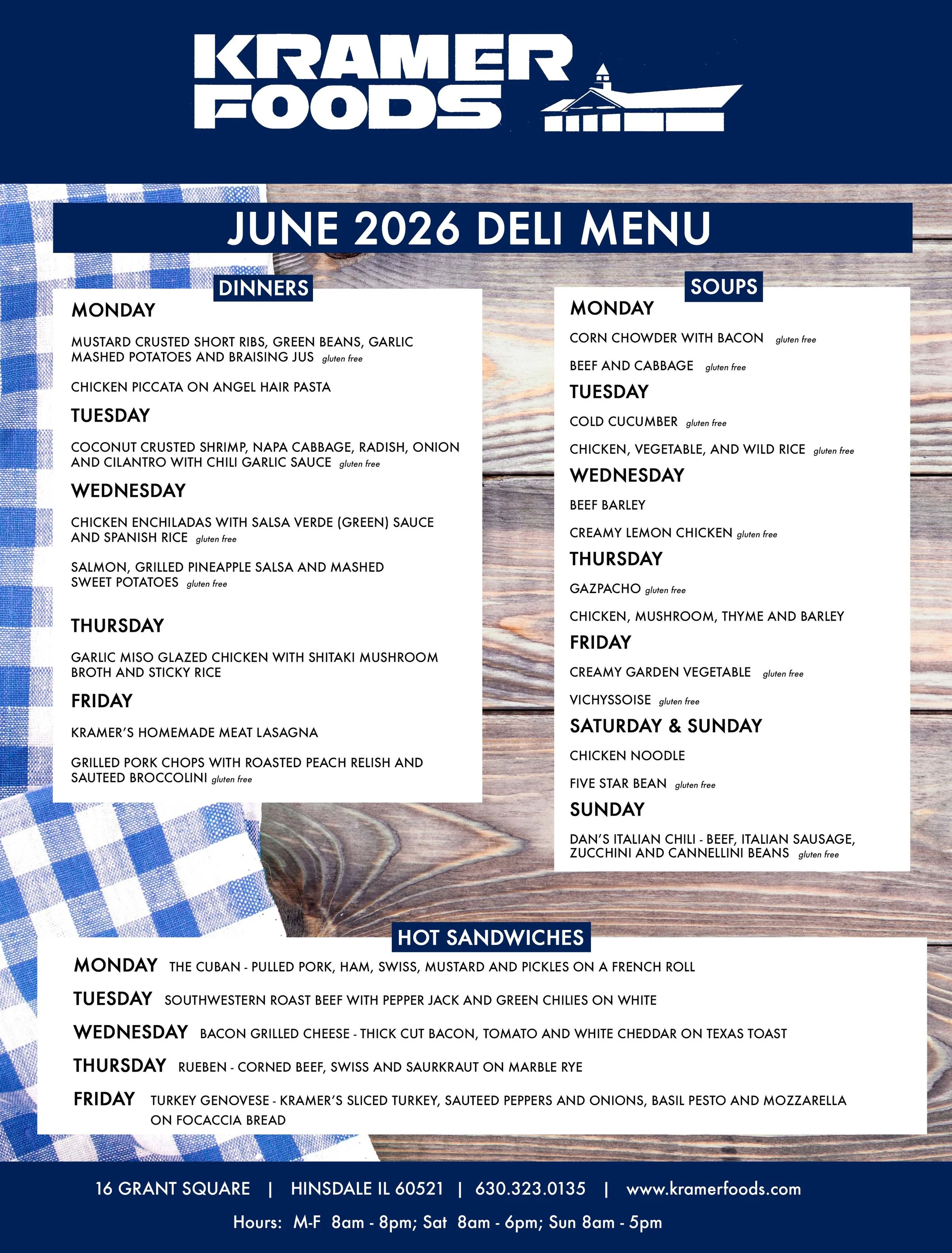 image of our June deli menu, call us at 630-323-0135 with any questions