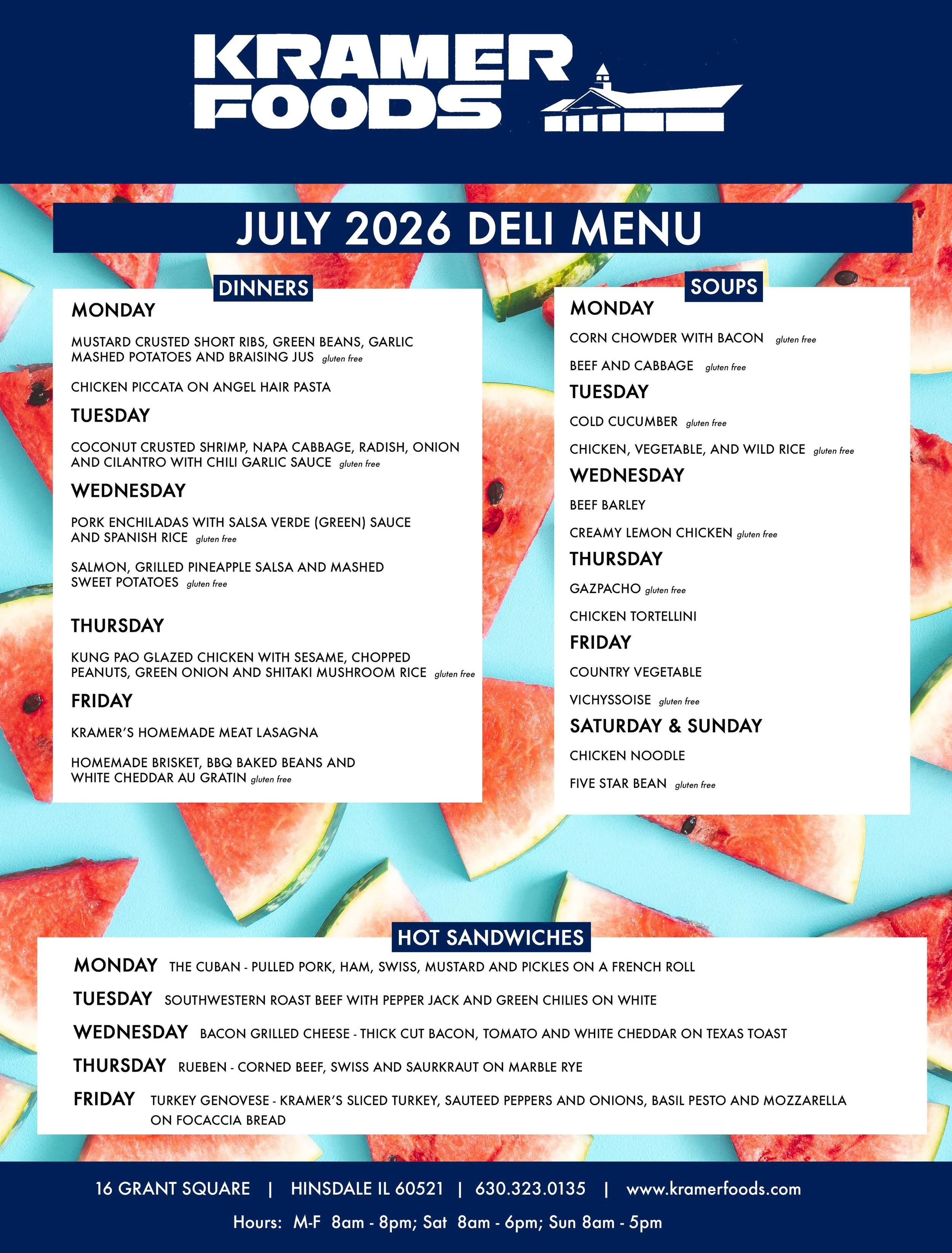 image of our july deli menu, call us at 630-323-0135 with any questions