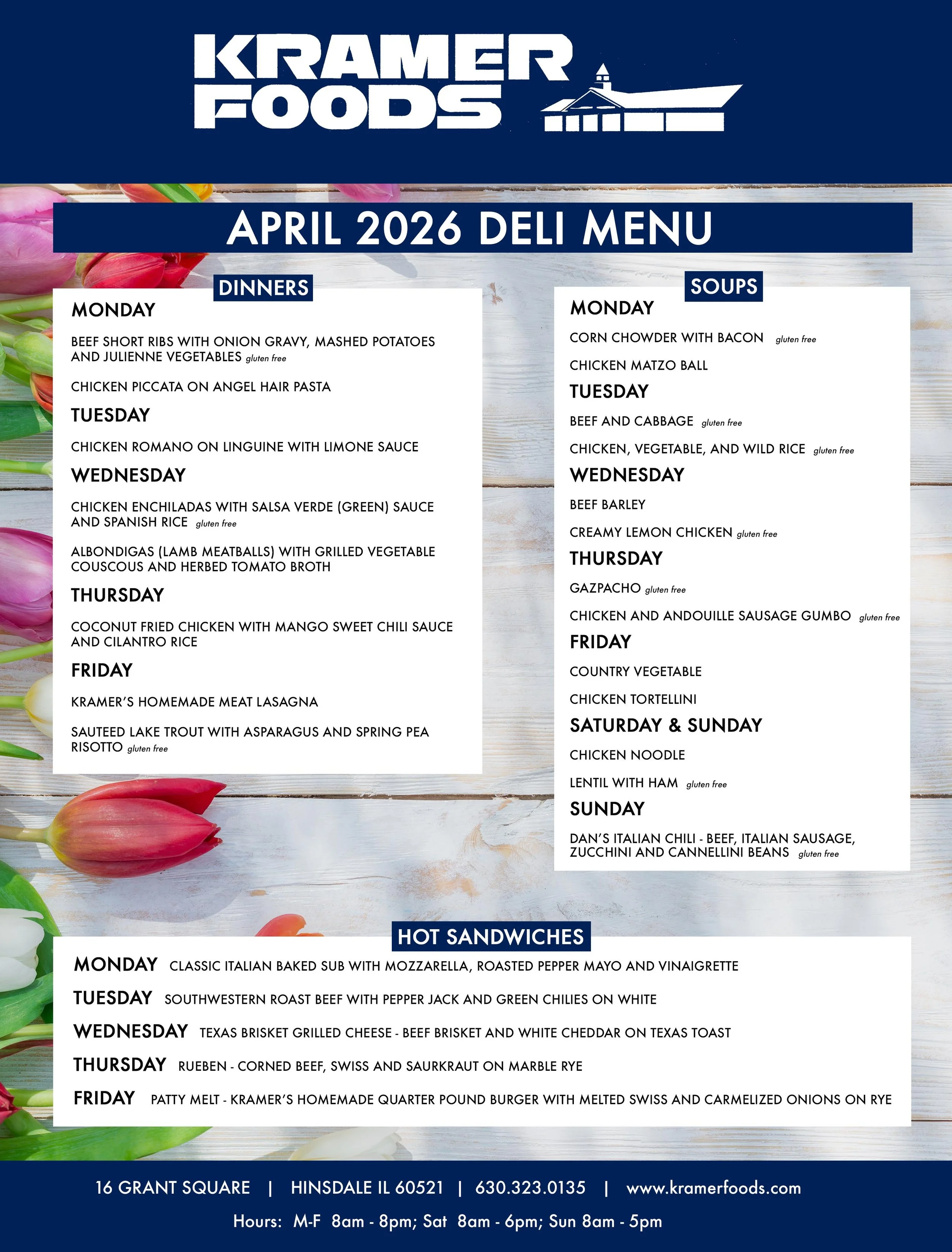 image of this months deli menu, call us at 630-323-0135 with any questions