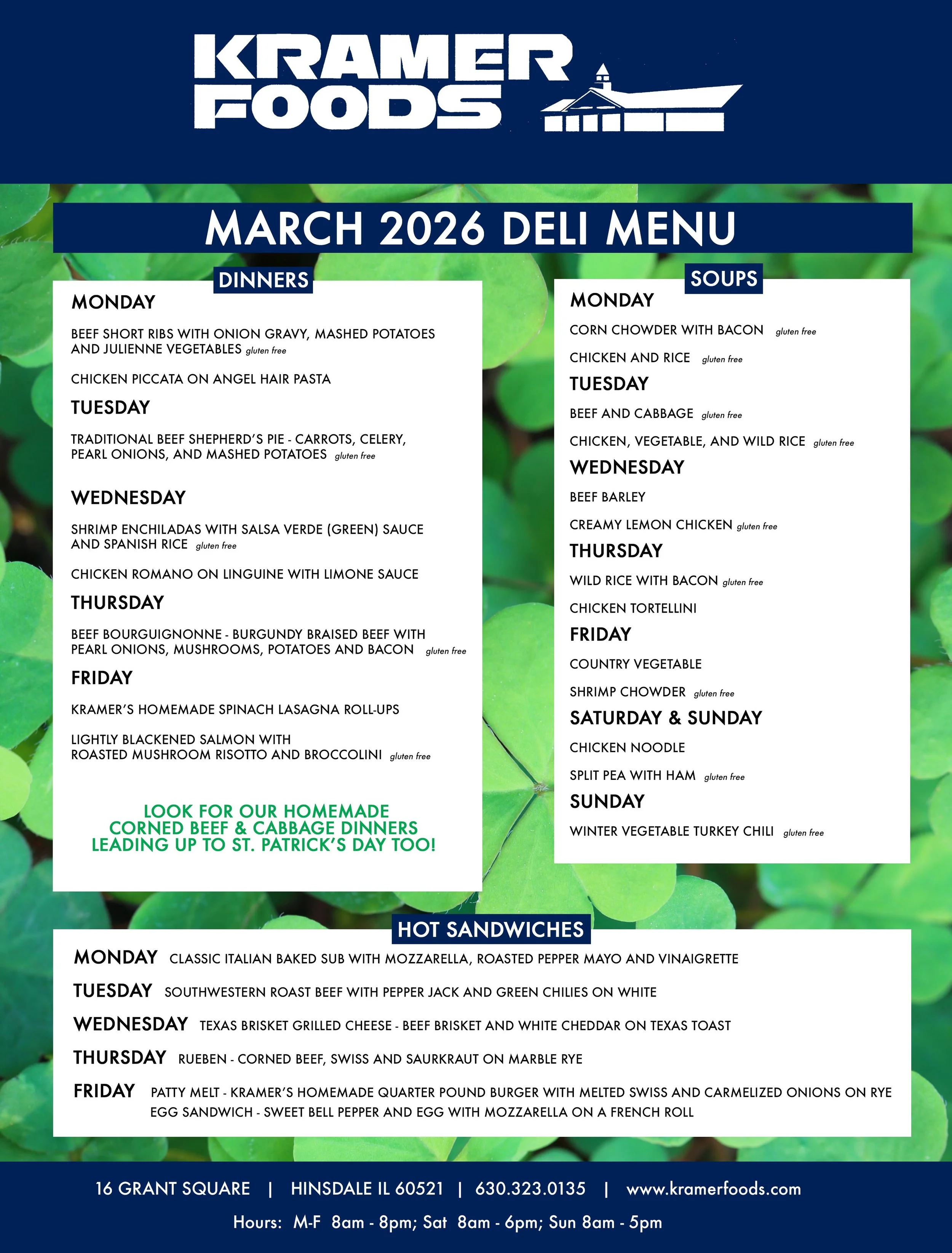 Image of our March 2026 Menu, call us at 630-323-0135 with any questions