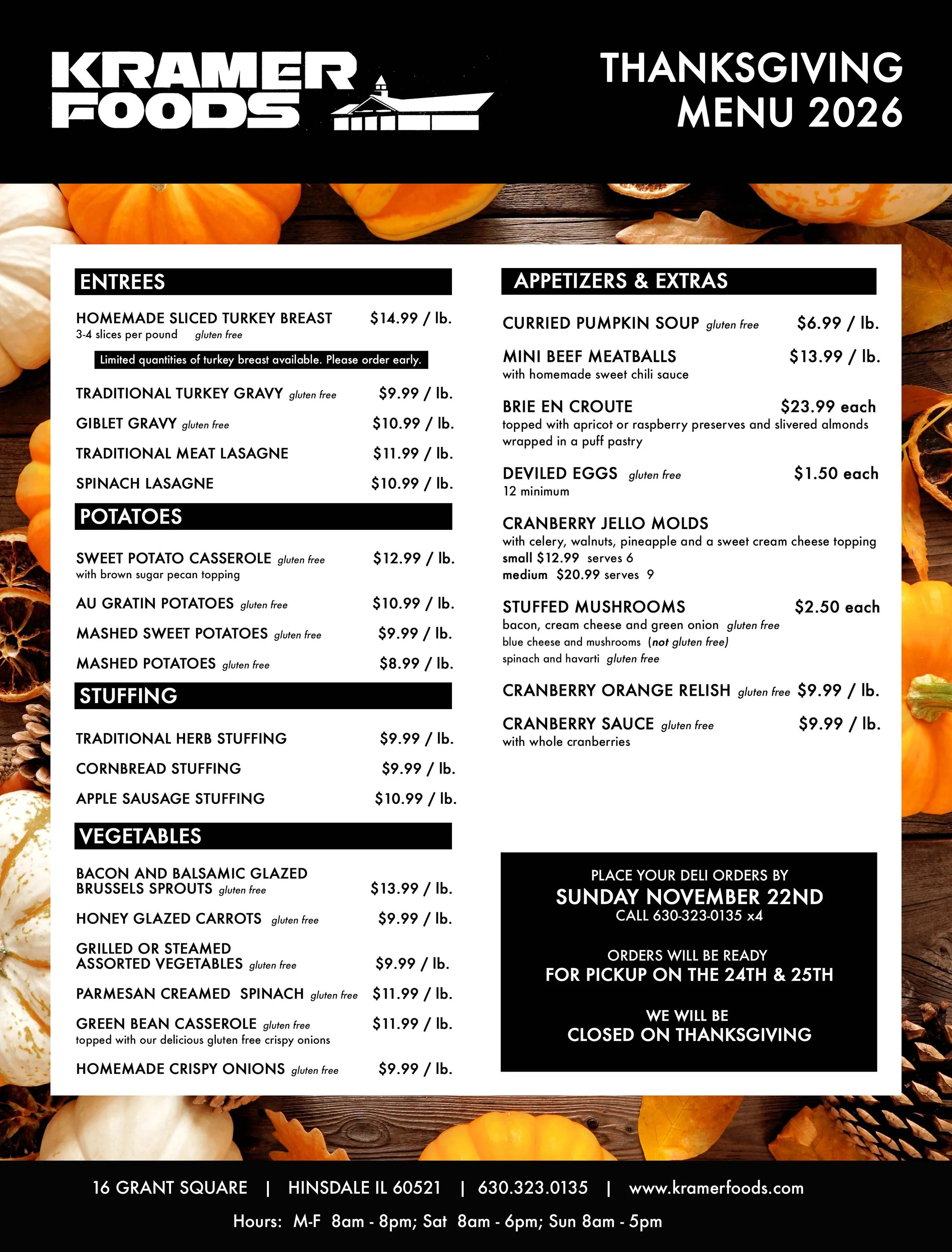 2026 Thanksgiving Menu, call us at 630-323-0135 with any questions