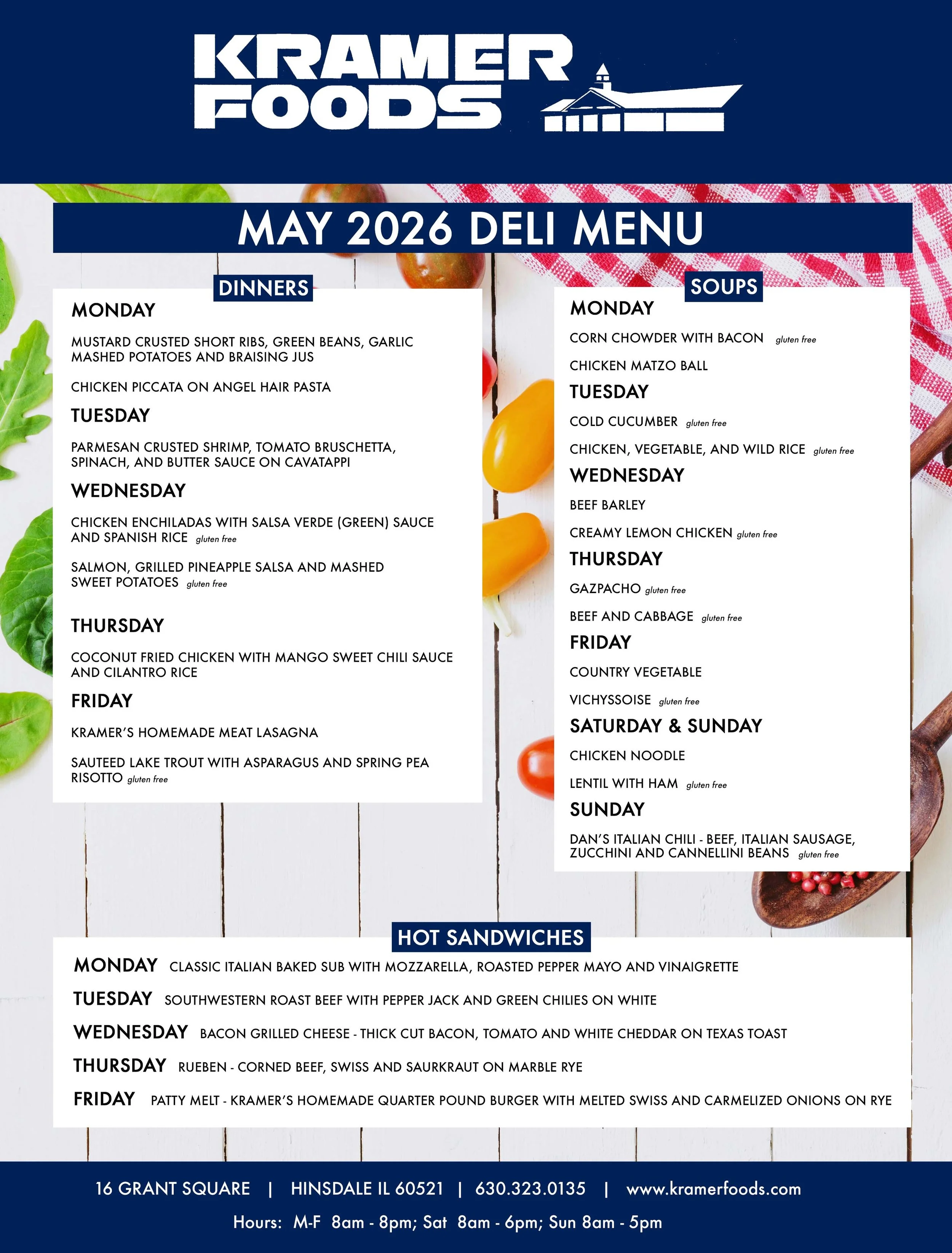 image of our may deli menu, call us at 630-323-0135 with any questions