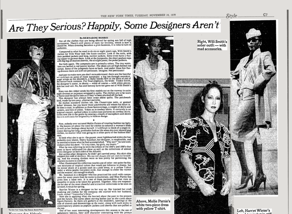  NYT: “Are They Serious? Happily, Some Designers Aren't” Bernadine Morris, November 14, 1978, Section C, Page 7. Please note hat pictured on right, matching the 1978 Willi Smith presentation notes - all hats for this show were my mother’s. 