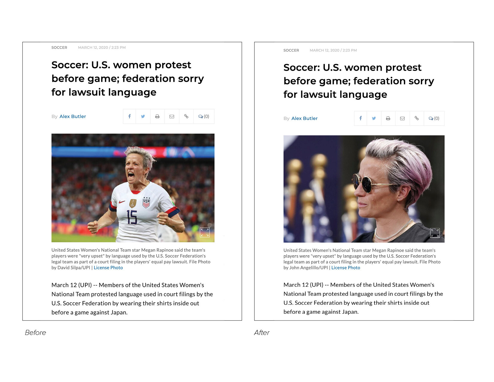 I approached the Sports Editor about swapping this image of U.S. Soccer player, Megan Rapinoe, in an effort to avoid perpetuating harmful stereotypes about angry women. 