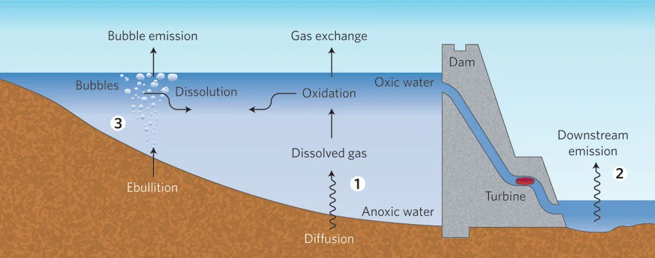 Schematic methane emission pathways from a hydroelectric reservoir. Multiple methane emission pathways from a reservoir and dam .