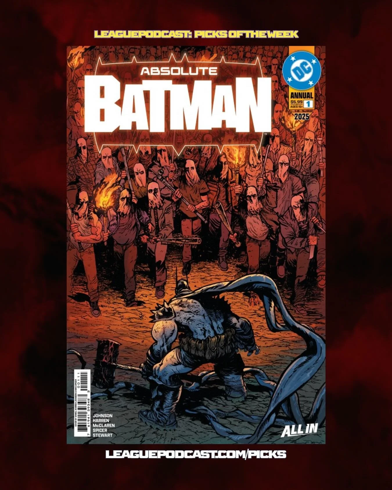 🦇 ABSOLUTE BATMAN 2025 ANNUAL #1 (DC Comics)
Daniel Warren Johnson and James Harren take us back to Batman&rsquo;s early days in the Absolute Universe &mdash; from the birth of the Batmobile to Gotham&rsquo;s first encounters with the Dark Knight.
L