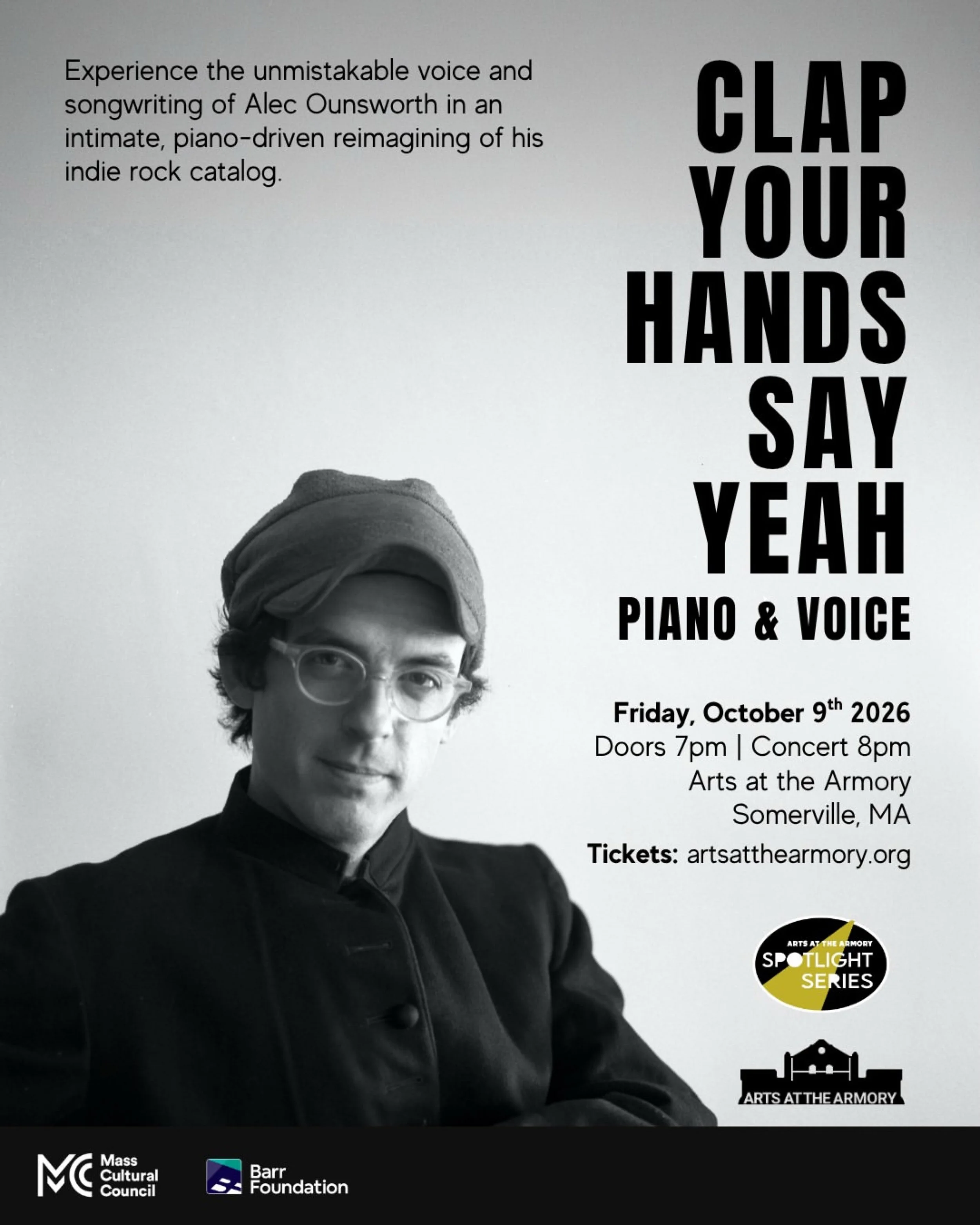 Friday! at @artsatthearmory

Clap Your Hands Say Yeah - Piano &amp; Voice 🎹 live at Arts at the Armory

A voice that helped define early 2000s indie returns. This time, reimagined at the piano.

On October 9, 2026, Alec Ounsworth brings a more intim