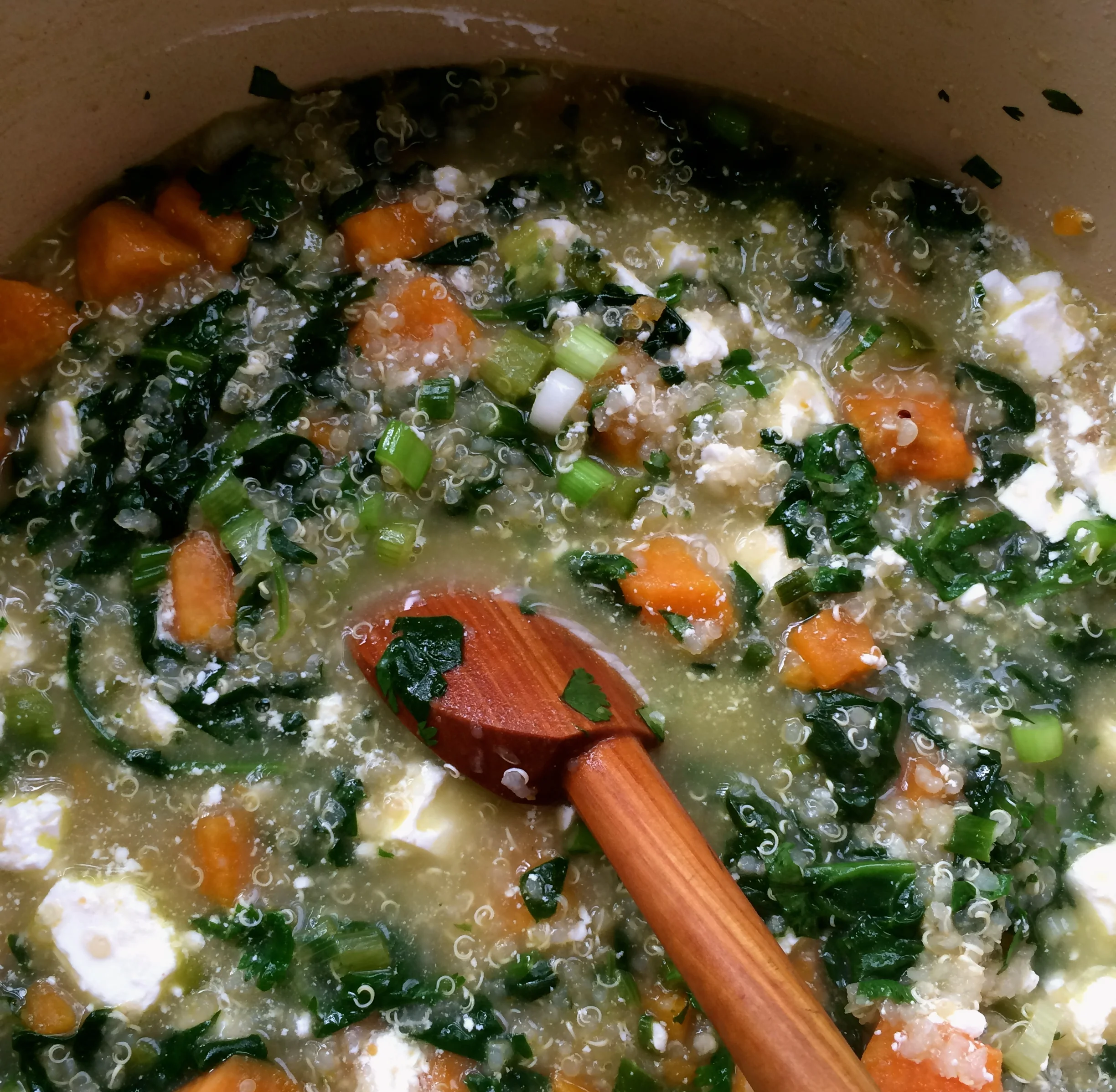 Sweet Potato and Quinoa Chowder with Spinach and Feta