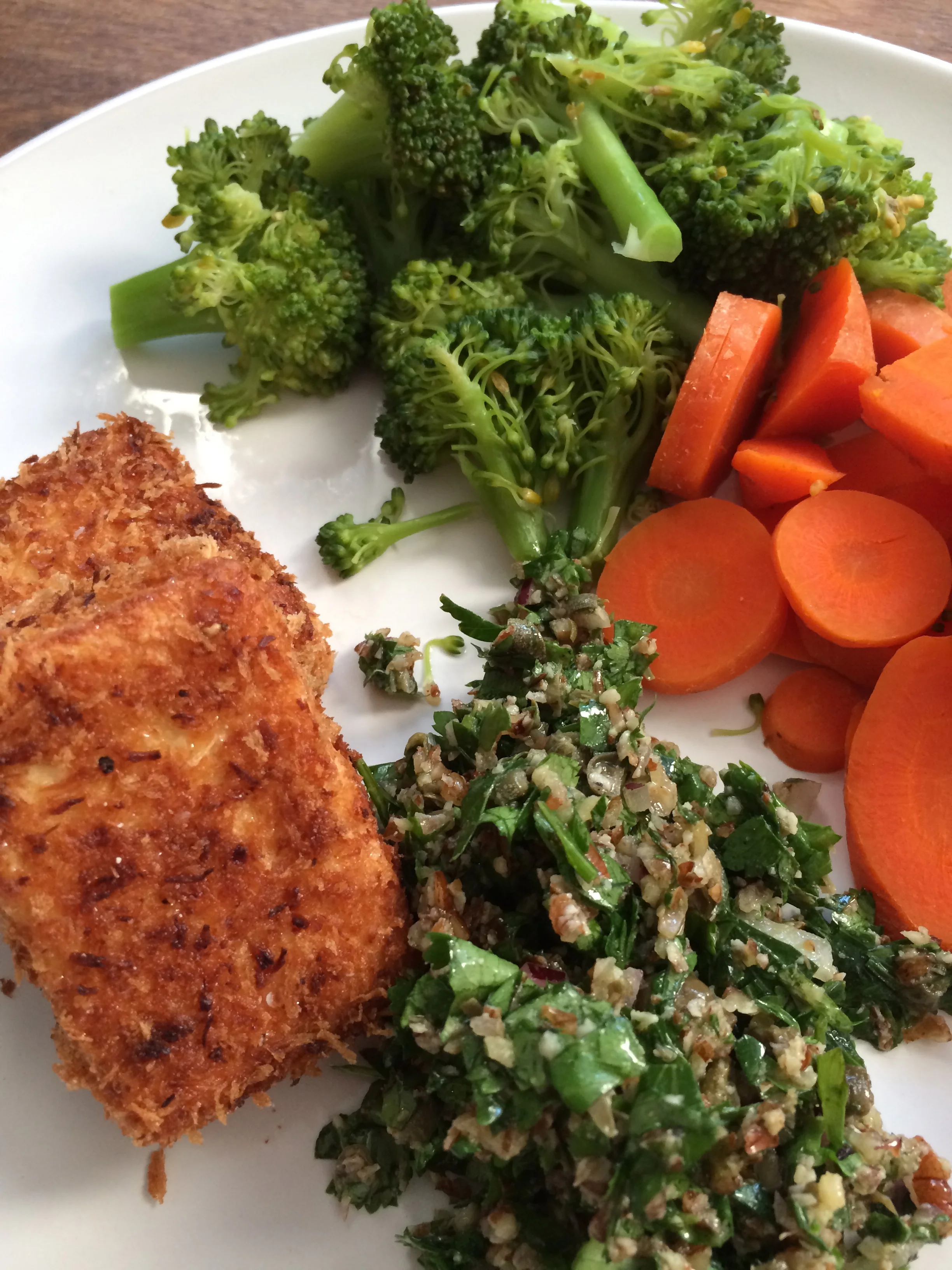 My dinner: southern fried tofu with salsa verde, and streamed carrots and broccoli. 