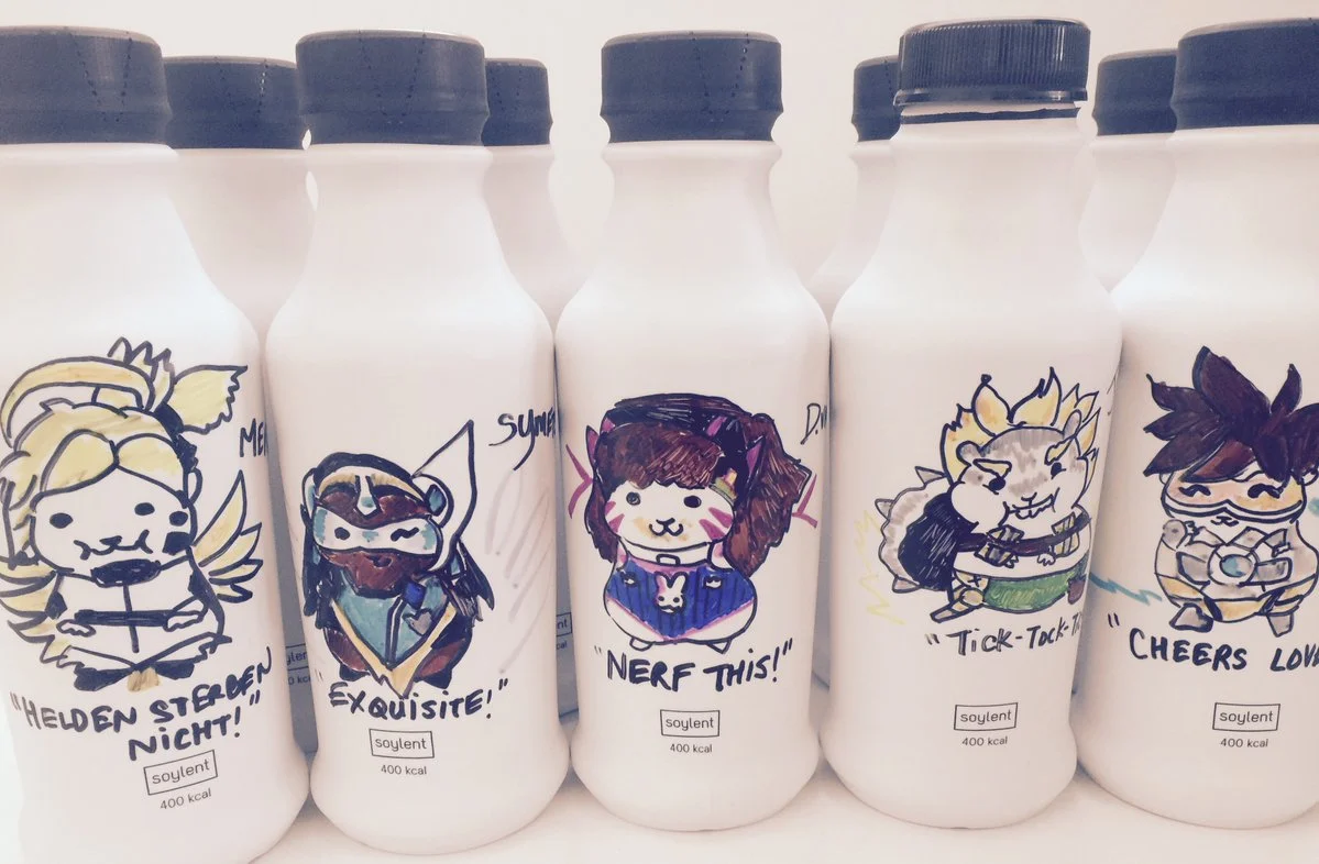 OverHams OverSoy... Overwatch characters as hamster fan art on Soylent 2.0 bottles.