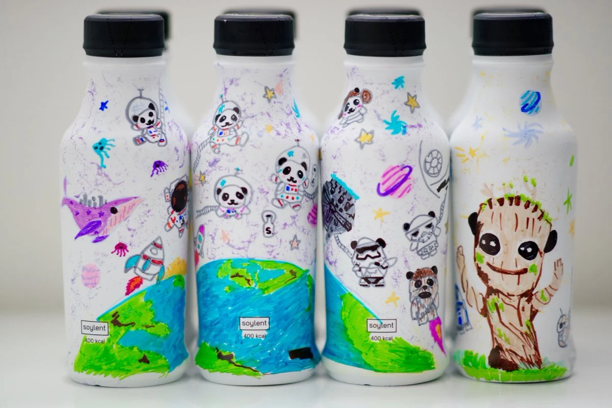 A Spaceman and space pandas, Dancing Groot, space whale and jellies, plus eight Star Wars References over Soylent 2.0 Bottles... #SharpieArt fanart