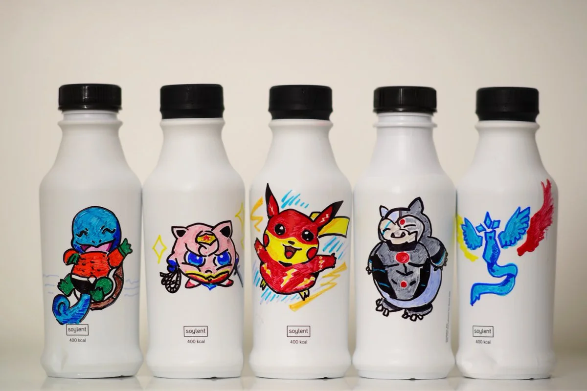 Pokemon Go Pokemon as DC Universe Justice League characters, fanart over Soylent 2.0 bottles using colored Sharpies.