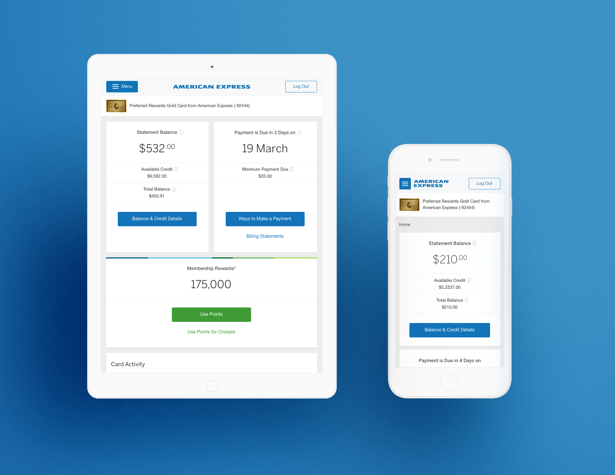 Amex Tablet and Mobile redesign using the Design Language System.