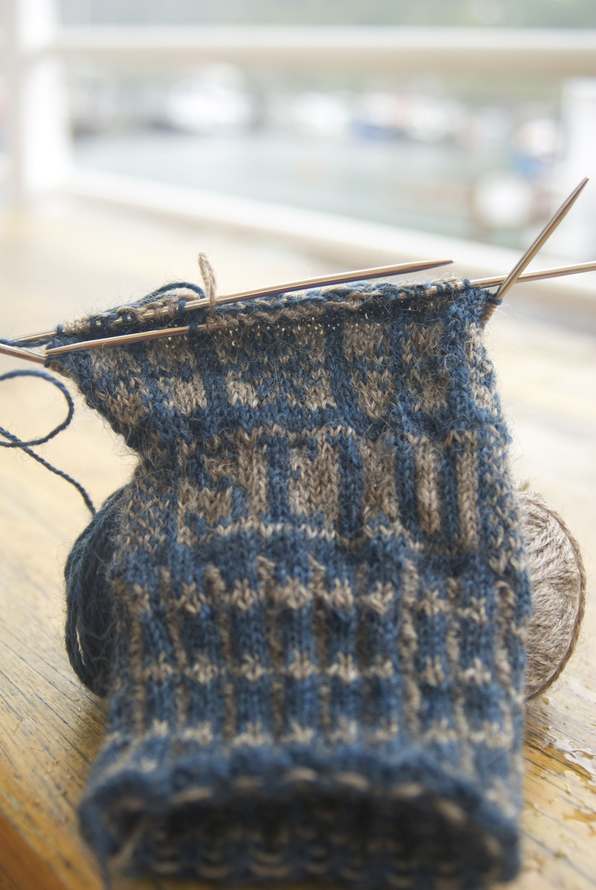 Beth Brown Reinsel's Compass Rose Sanquhar gloves in 3-Ply Cotswold x Romney Silver Base fingering weight in Granite and Dark Indigo