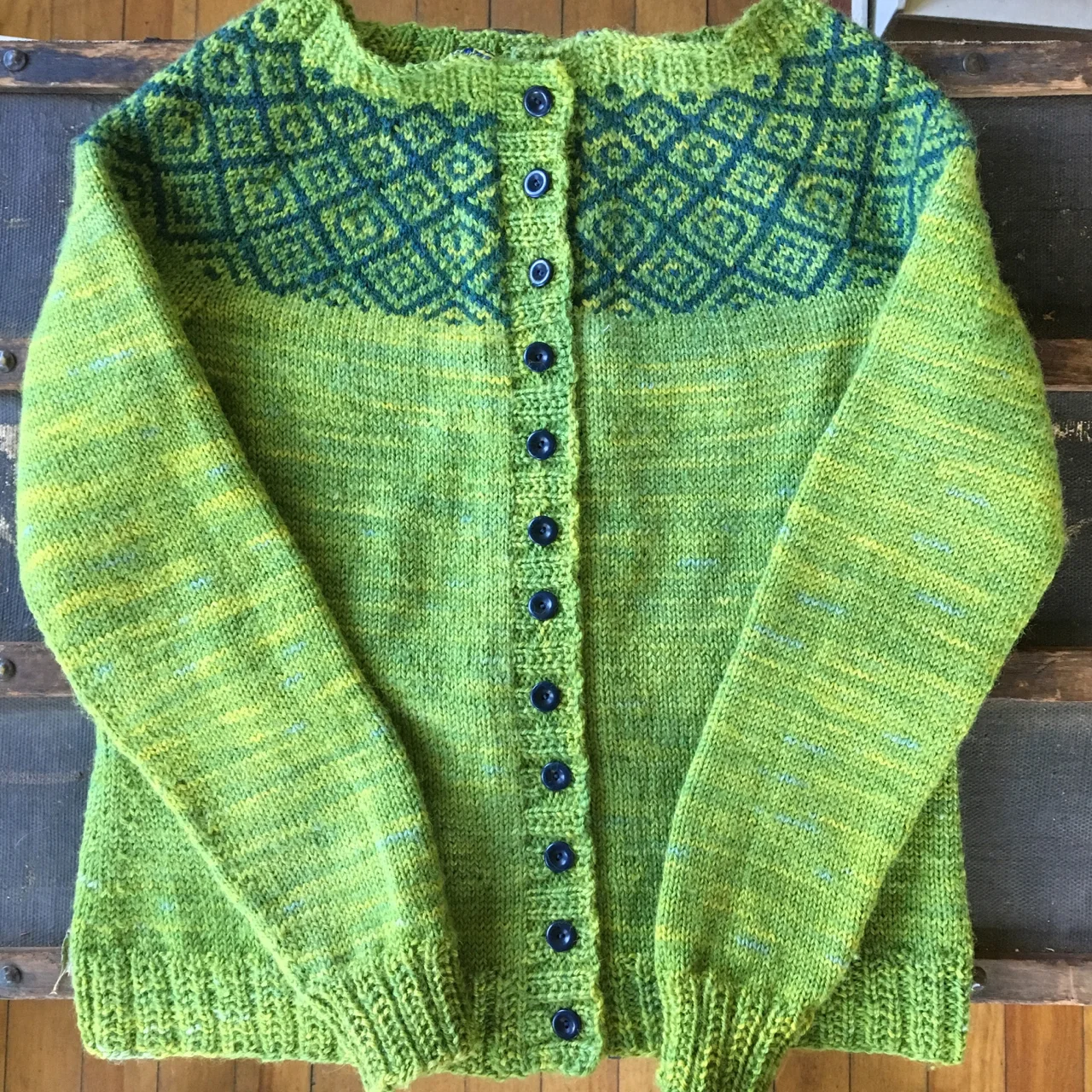 Kate Davie’s Epistrophy, knit with the BFL DK weight yarn spun from 2015 fleece, in Aspen (lighter green) and Tongas (at the yoke). Buttons from Fringe Supply Company