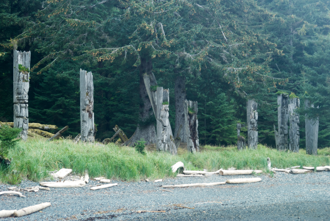 Memorial poles at Sgang Gwaii