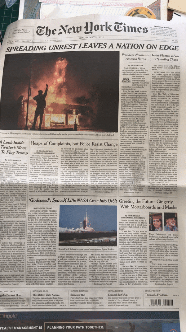 The New York Times Sunday Edition on May 31st, 2020. This piece also launched in the Detroit Free Press on the same day.