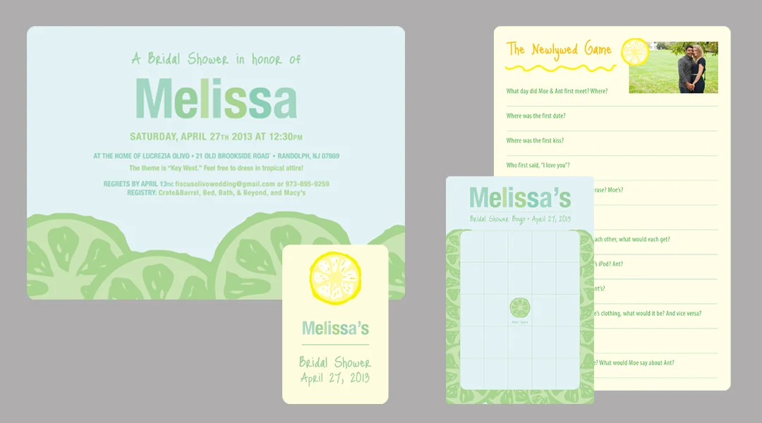 Wedding shower invitation, favor tag, and bridal bingo board