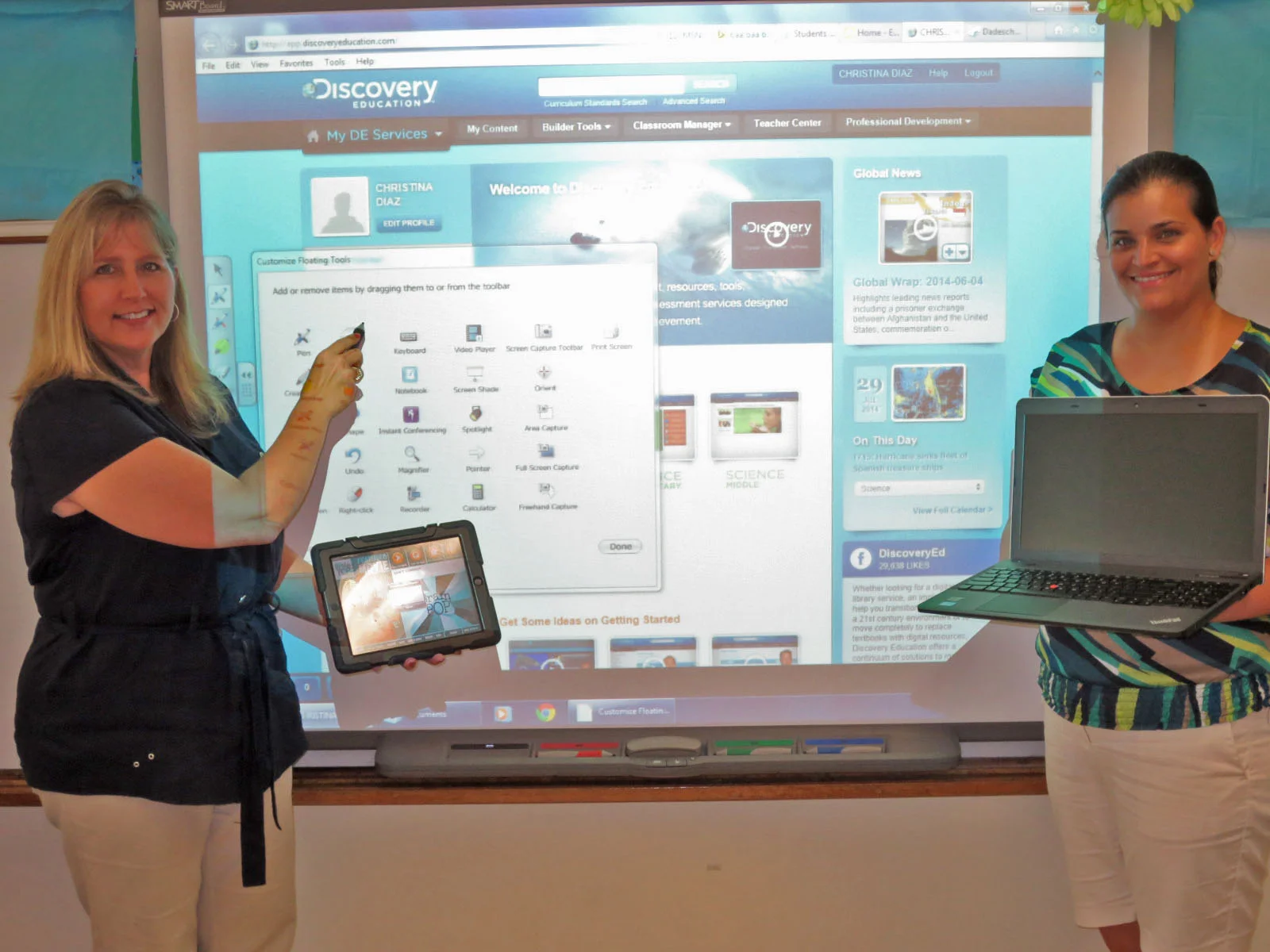 Howard Drive Principal Deanna Dalby & Asst. Principal Christina V. Diaz show off smartboard, iPad and laptop tech