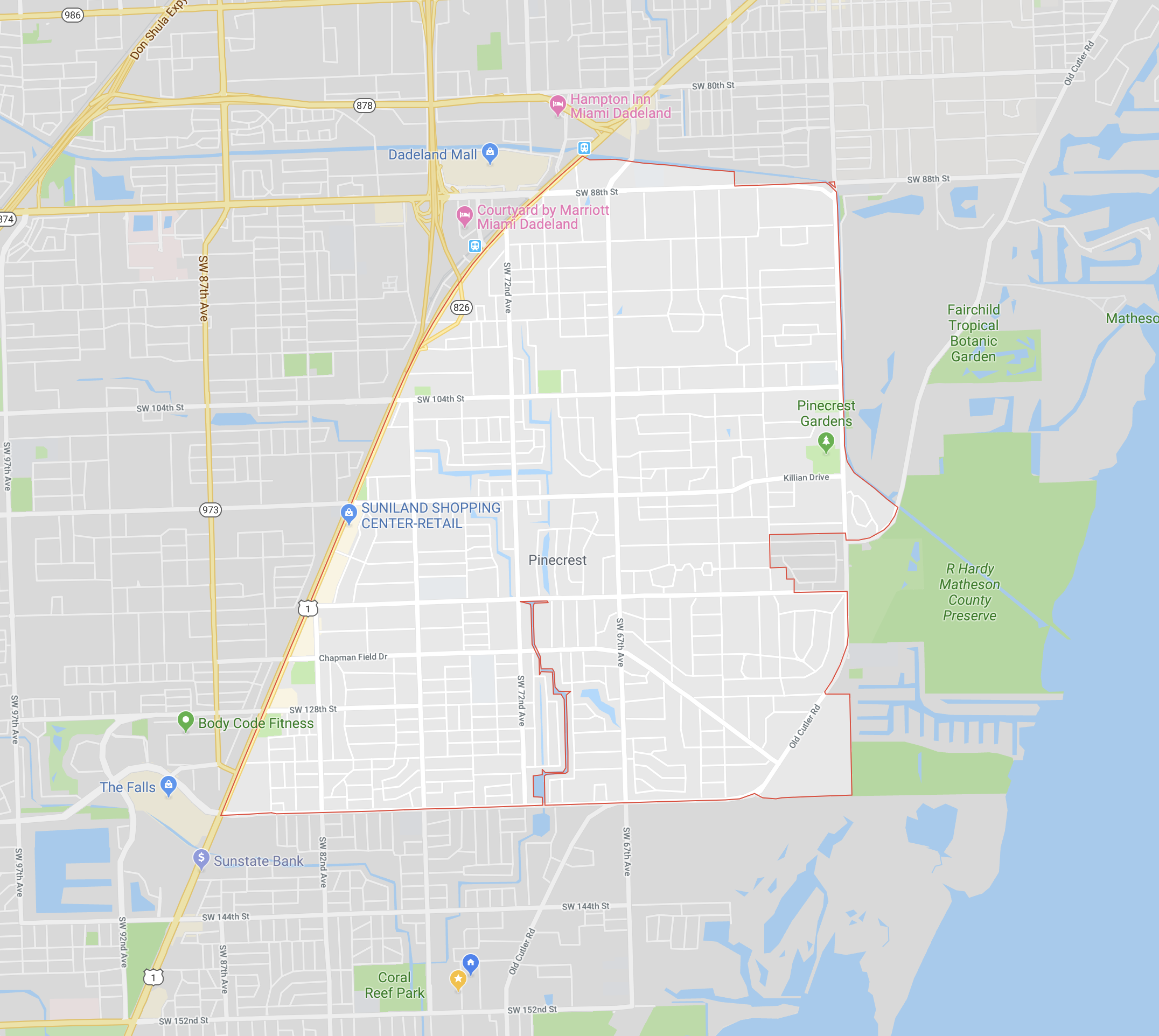 Pinecrest IS ESSENTIALLY THE AREA EAST OF US-1, SOUTH OF SW 88TH STREET AND NORTH OF SW 136TH STREET (CLICK TO ENLARGE)