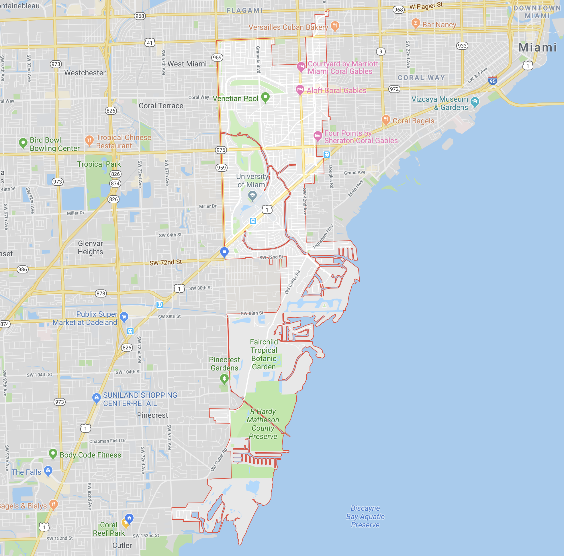 Coral Gables has an odd shape, but is essentially the area East of 57th Avenue, West of 37th Avenue, South of SW 8th Street and North of SW 152nd Street