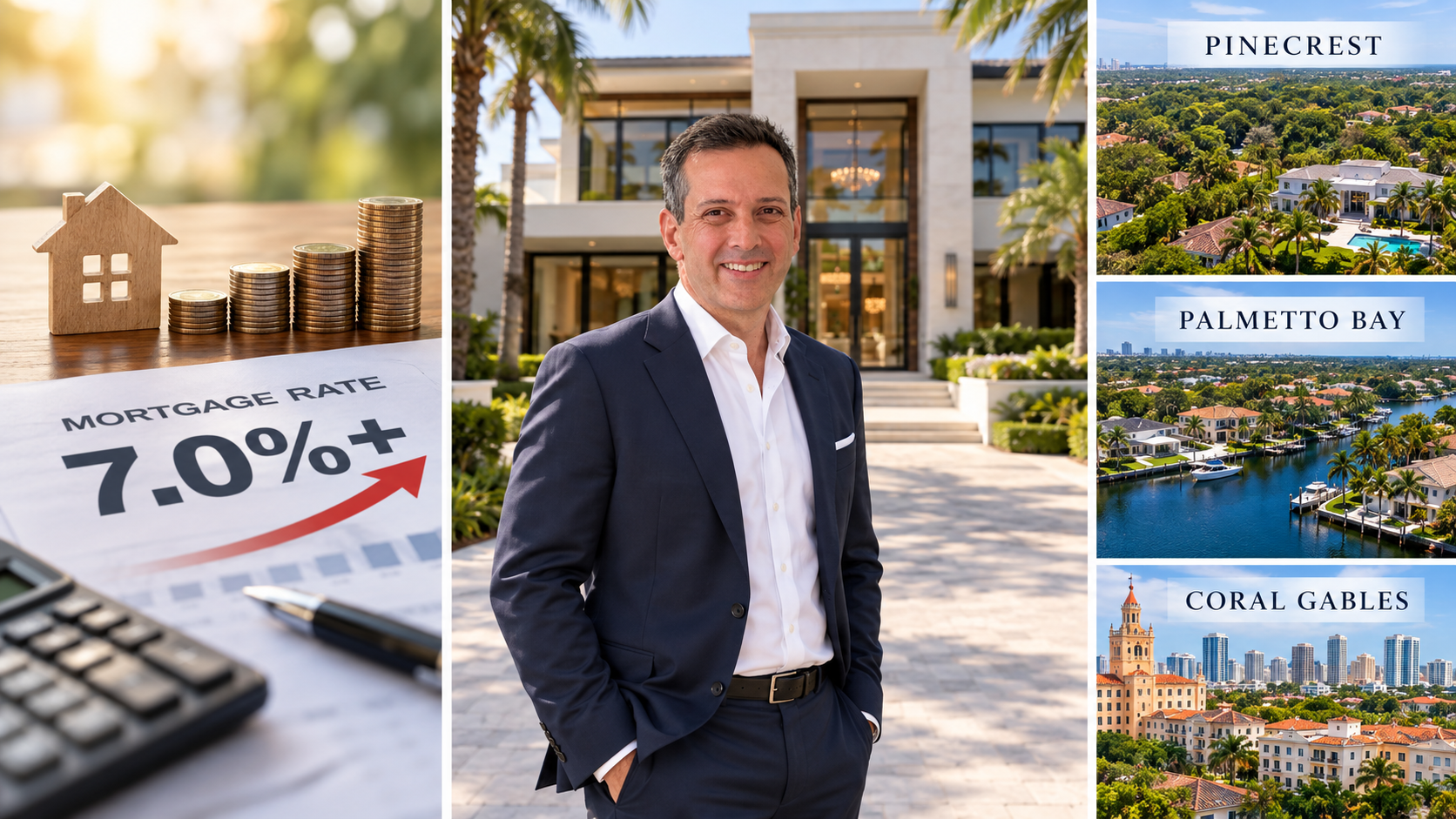 Hal surrounded by images of Pinecrest, Palmetto Bay and Coral Gables. An image shows a mortgage rate graph above 7% as well.