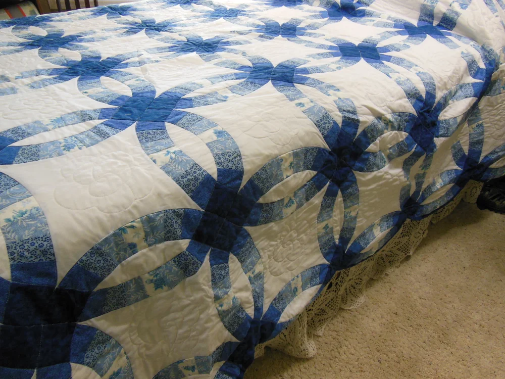All Blue Double Wedding Ring king quilt made by Bluebird Gardens USA