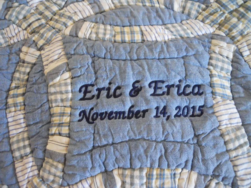 Personalized Country Blue Wedding Ring Lap Quilt Wall Hanging from Bluebird Gardens USA