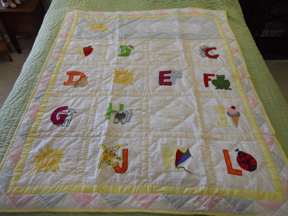 Bright colors Puppies in a basket Vintage Baby Quilt Crib quilt.