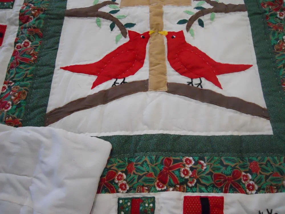 Happy Holidays Cardinals Lap Quilt Wall Hanging from Bluebird Gardens USA
