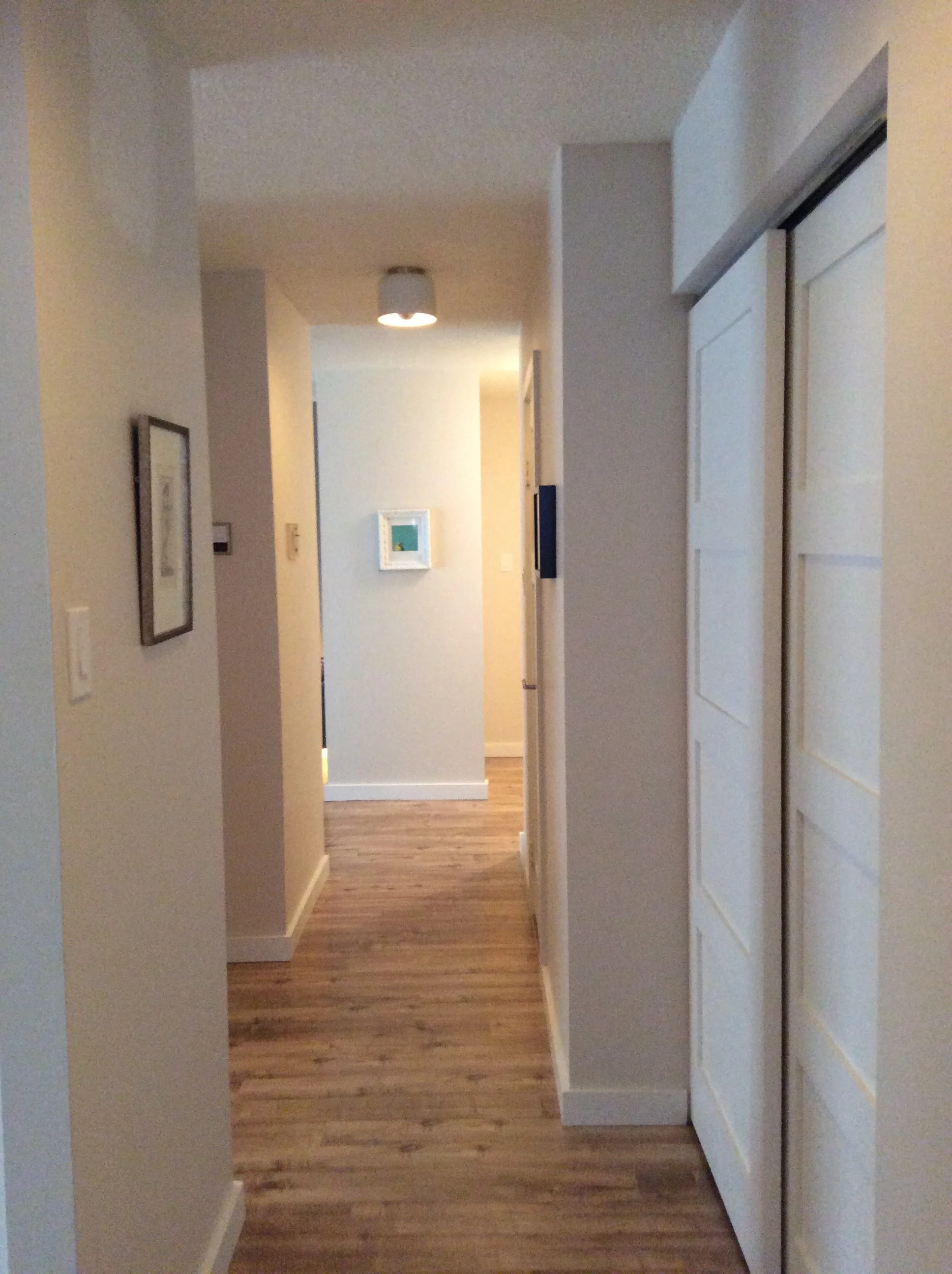 CB2 light fixtures, sliding barn style closet doors, laminate flooring.