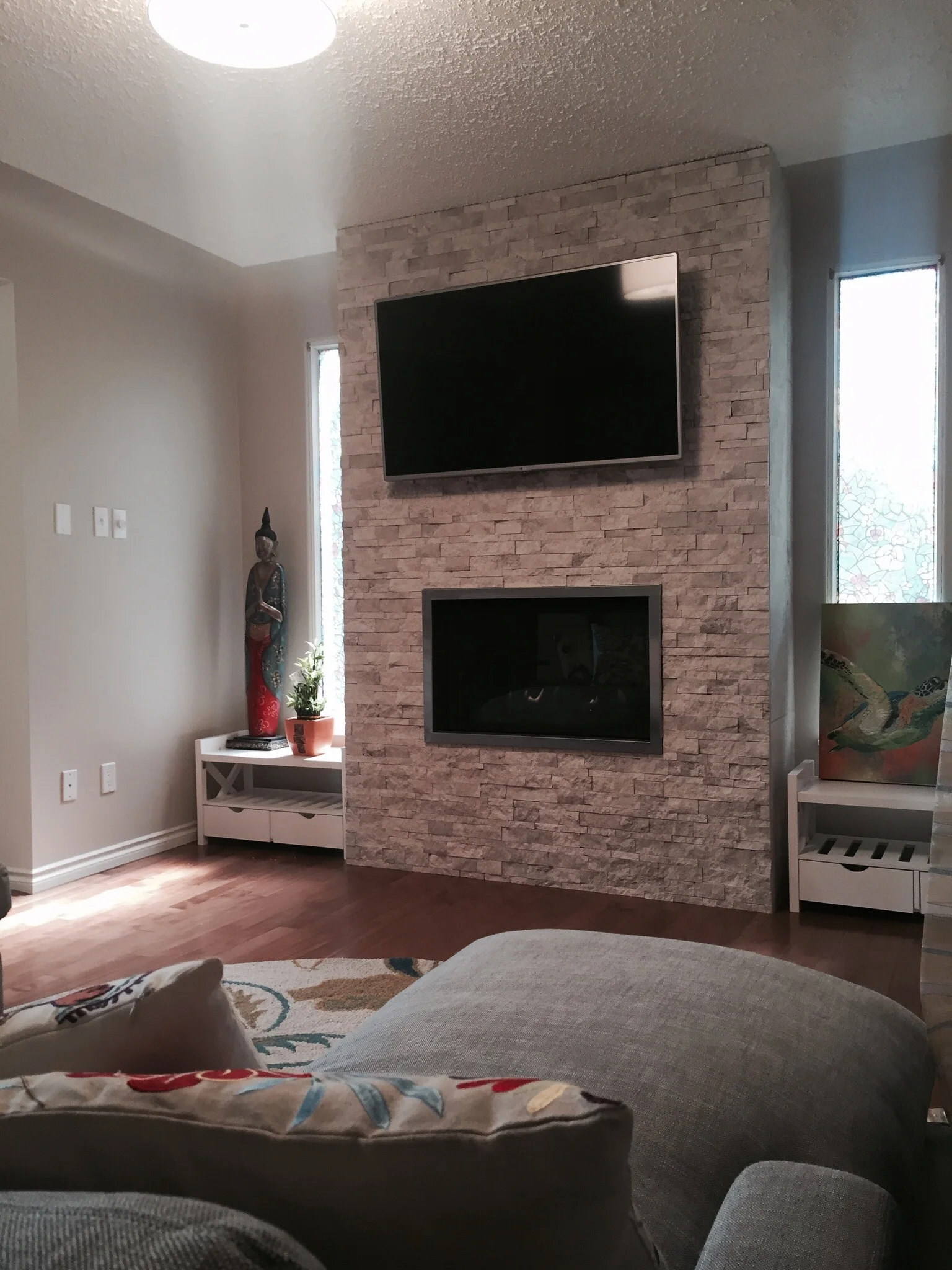 Custom stone fireplace.