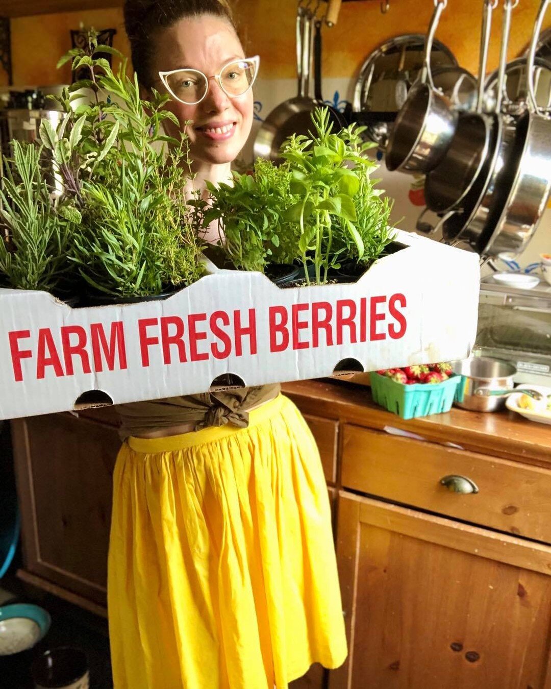 When you buy so many herbs at the farmers market they give you a shipping box to carry them home ... 🪴 Happy plants! ☀️ 🌱 😊 Also, glad my #memade skirt didn&rsquo;t catch the wind the wrong way when I was trekking home with my haul! 
#imakemyowncl